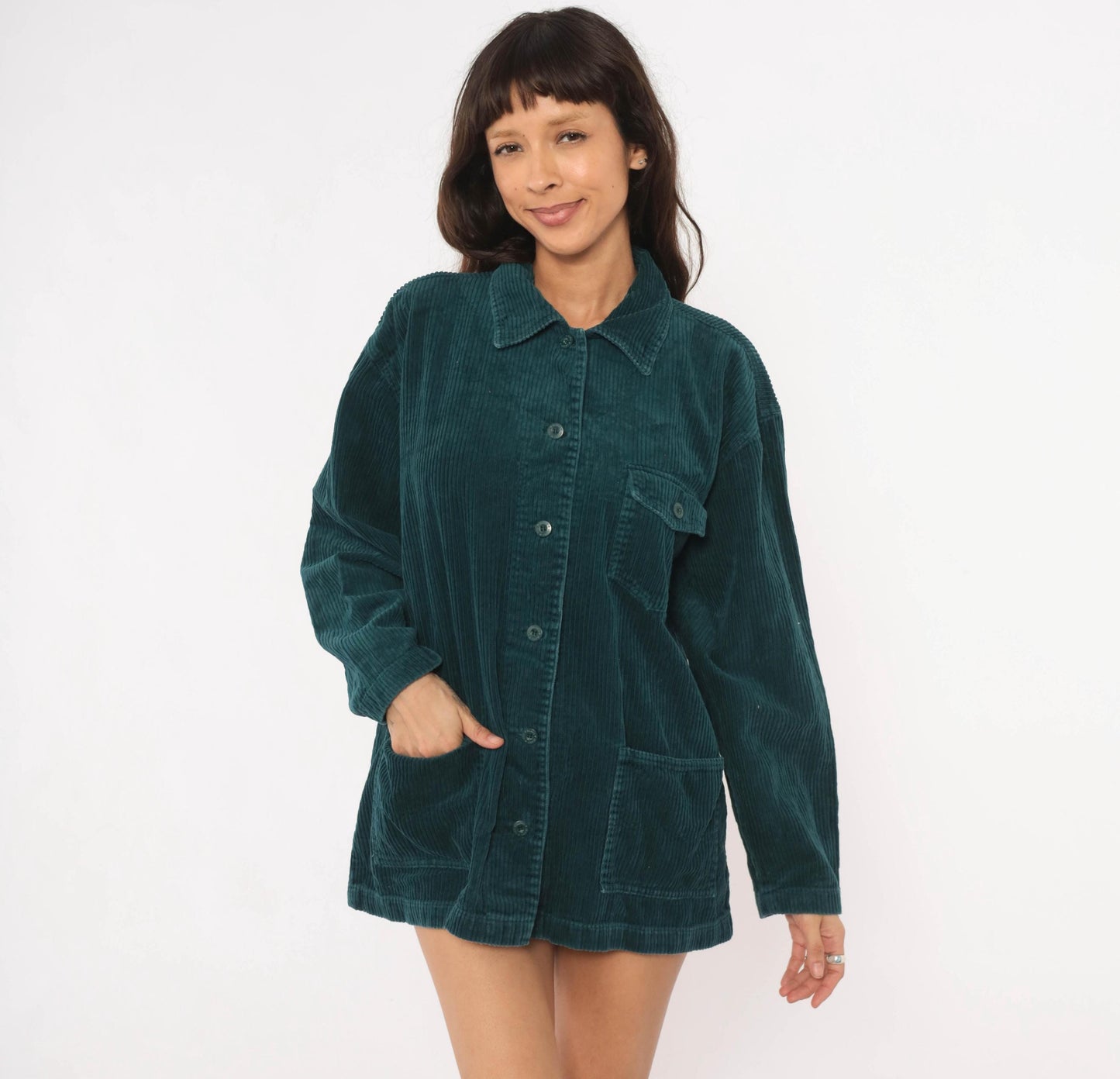 90s Teal Corduroy Shacket Wide Wale Button Front Shirt Jacket Large L