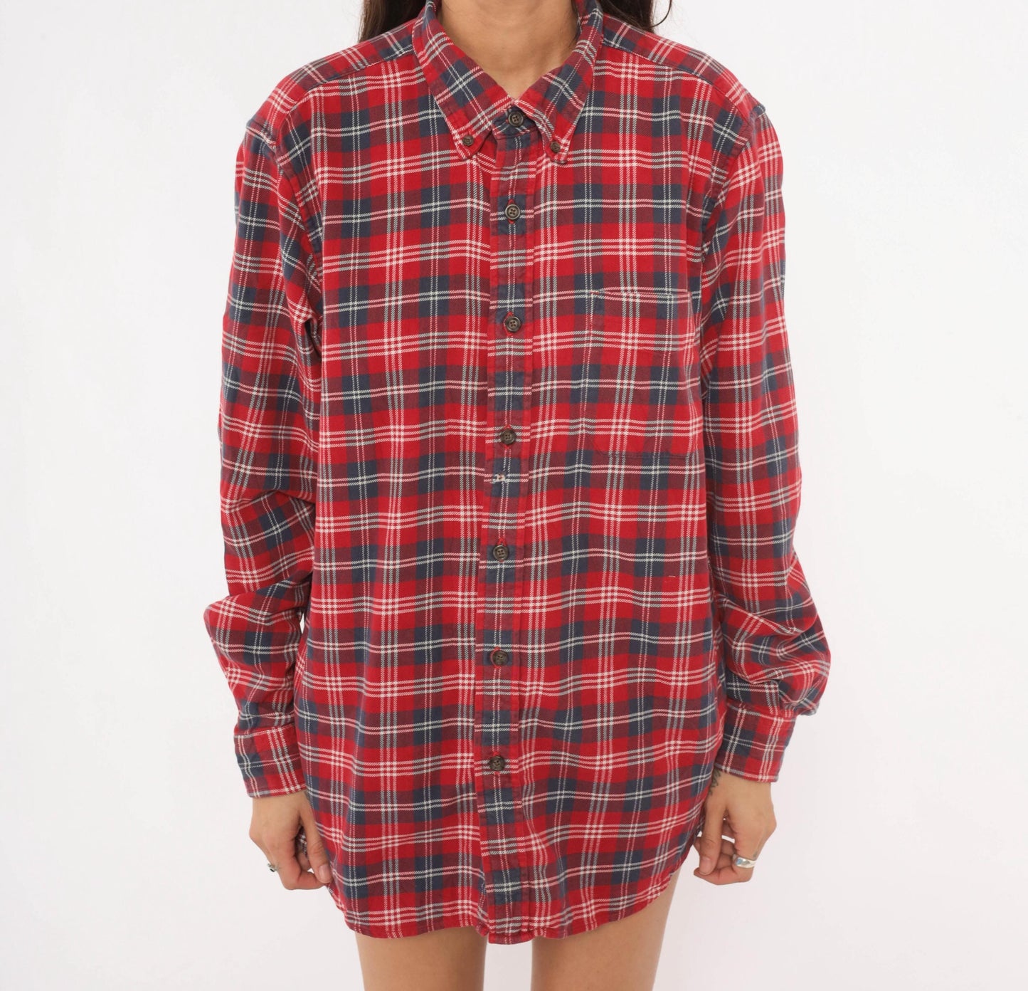 2000s Eddie Bauer Red Plaid Flannel Shirt Cotton Button-Up Large L