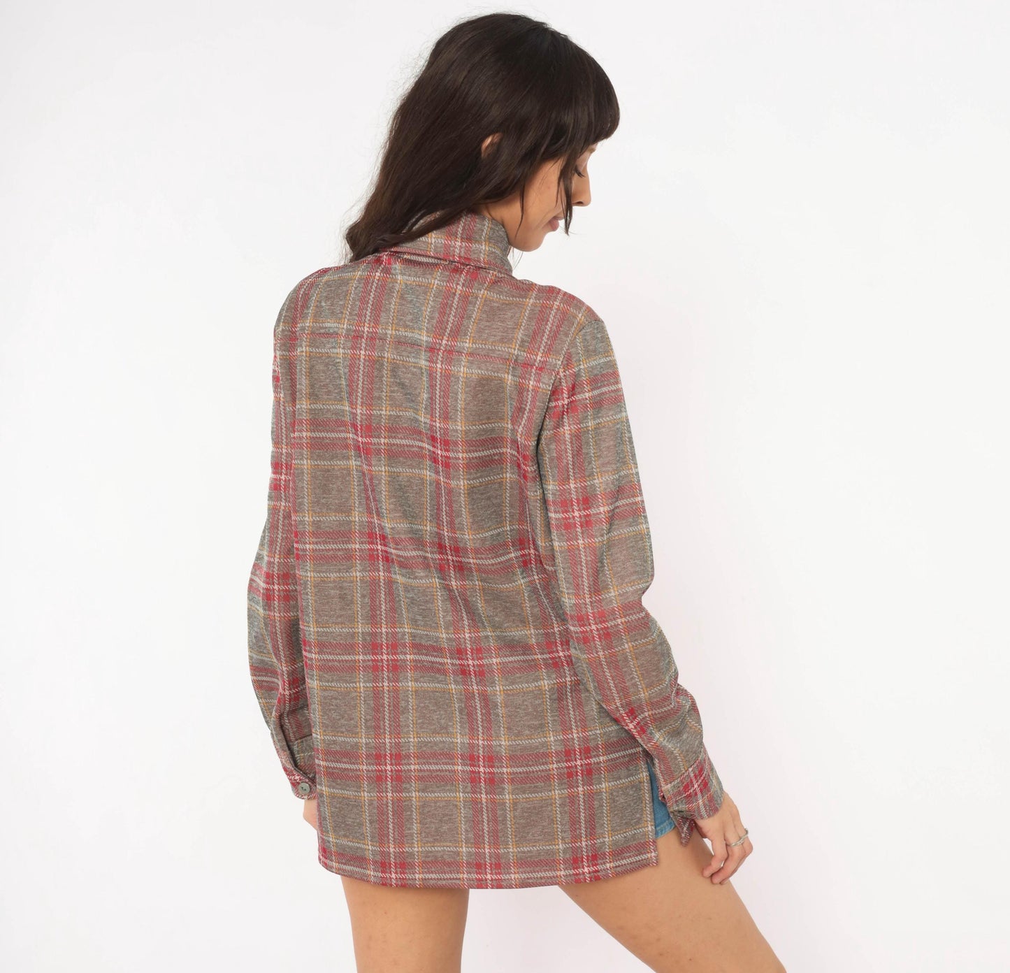 70s Plaid Shirt Jacket Grey Red Pointed Collar Button Front Medium