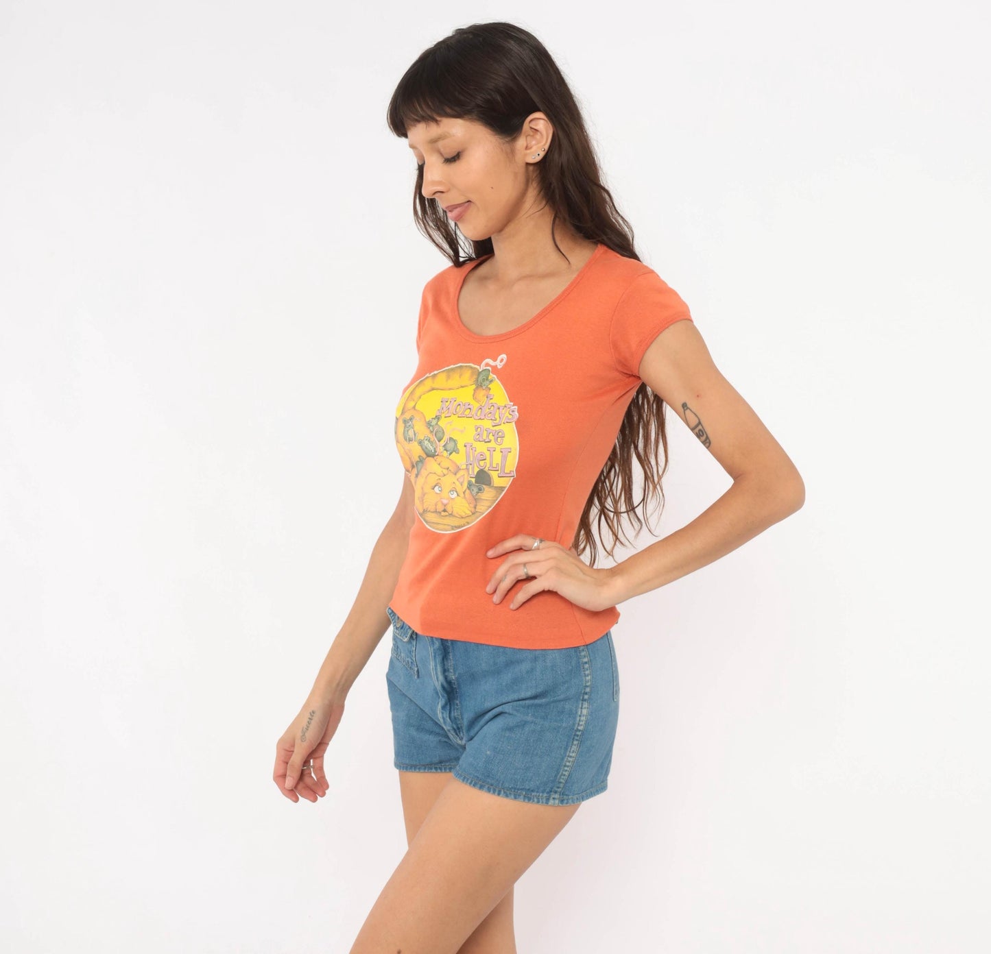 70s You Babes Cat Graphic Tee Orange Scoop Neck Cotton Small