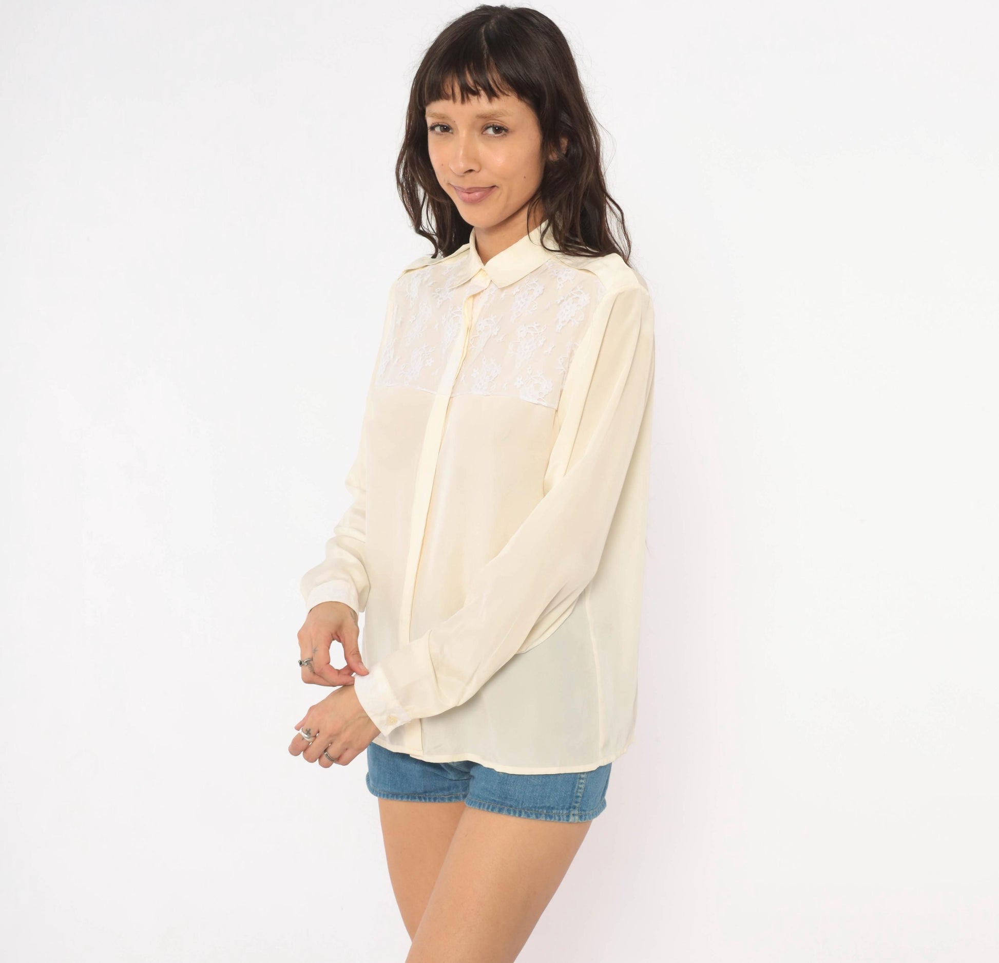 90s Oscar De La Renta Cream Lace Yoke Blouse Floral Embroidered Sheer Medium
