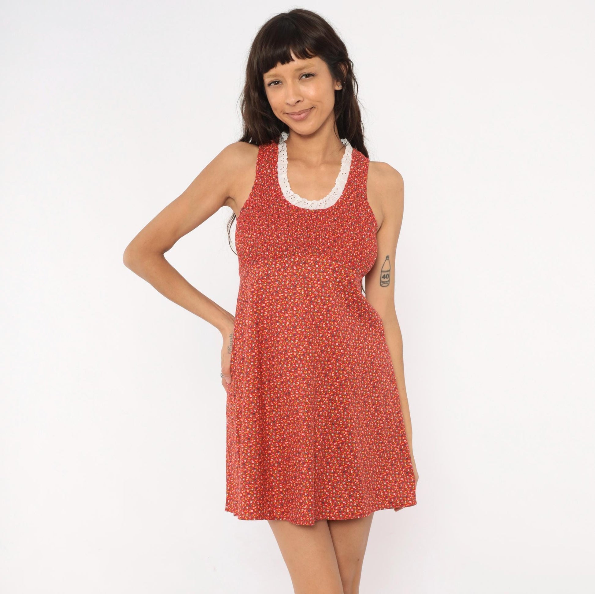 70s Red Ditsy Floral Mini Dress Cotton Eyelet Lace Smocked Small
