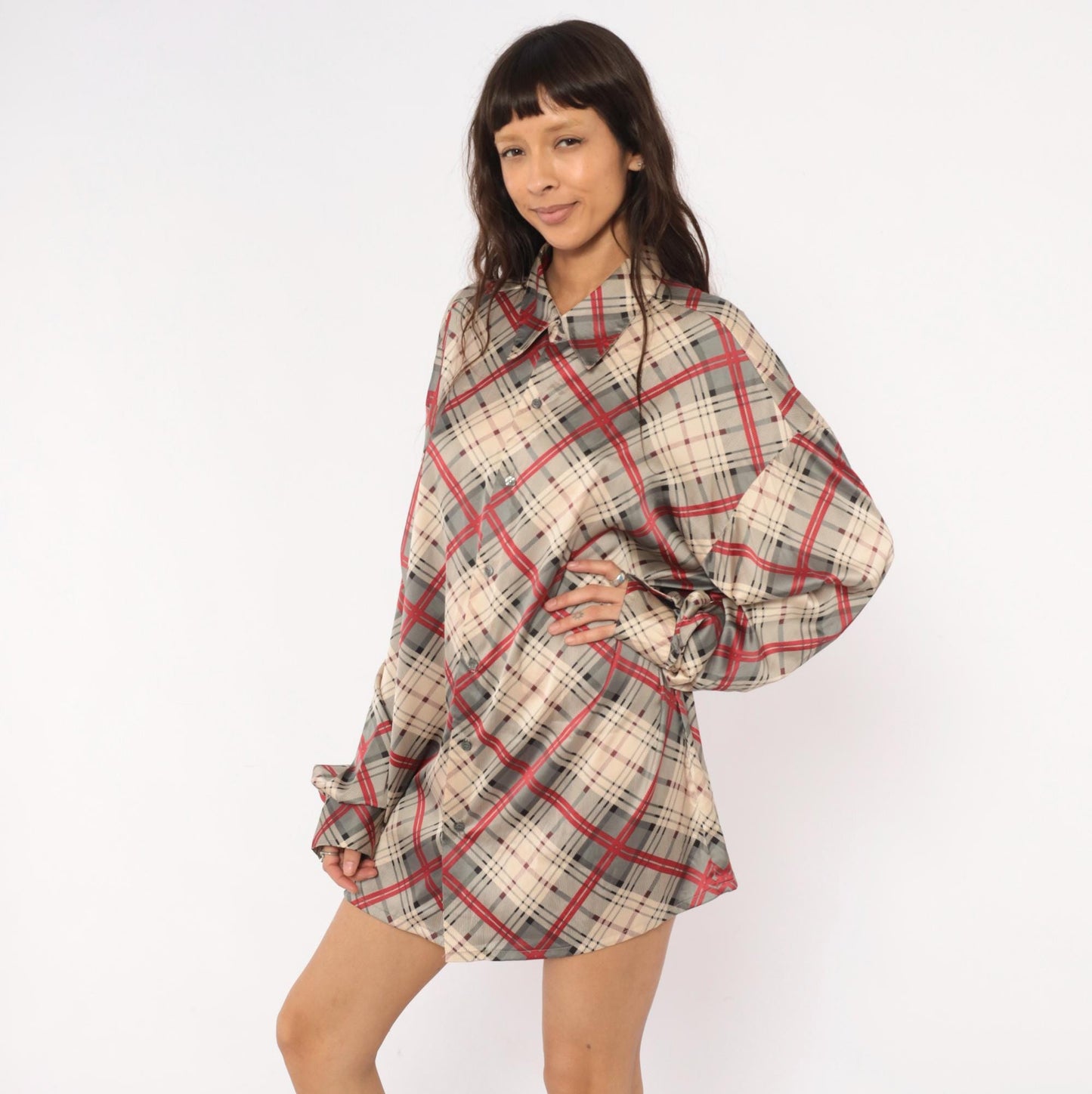 70s Monzini Plaid Button-Front Shirt Burgundy Pointed Collar Extra Large XL