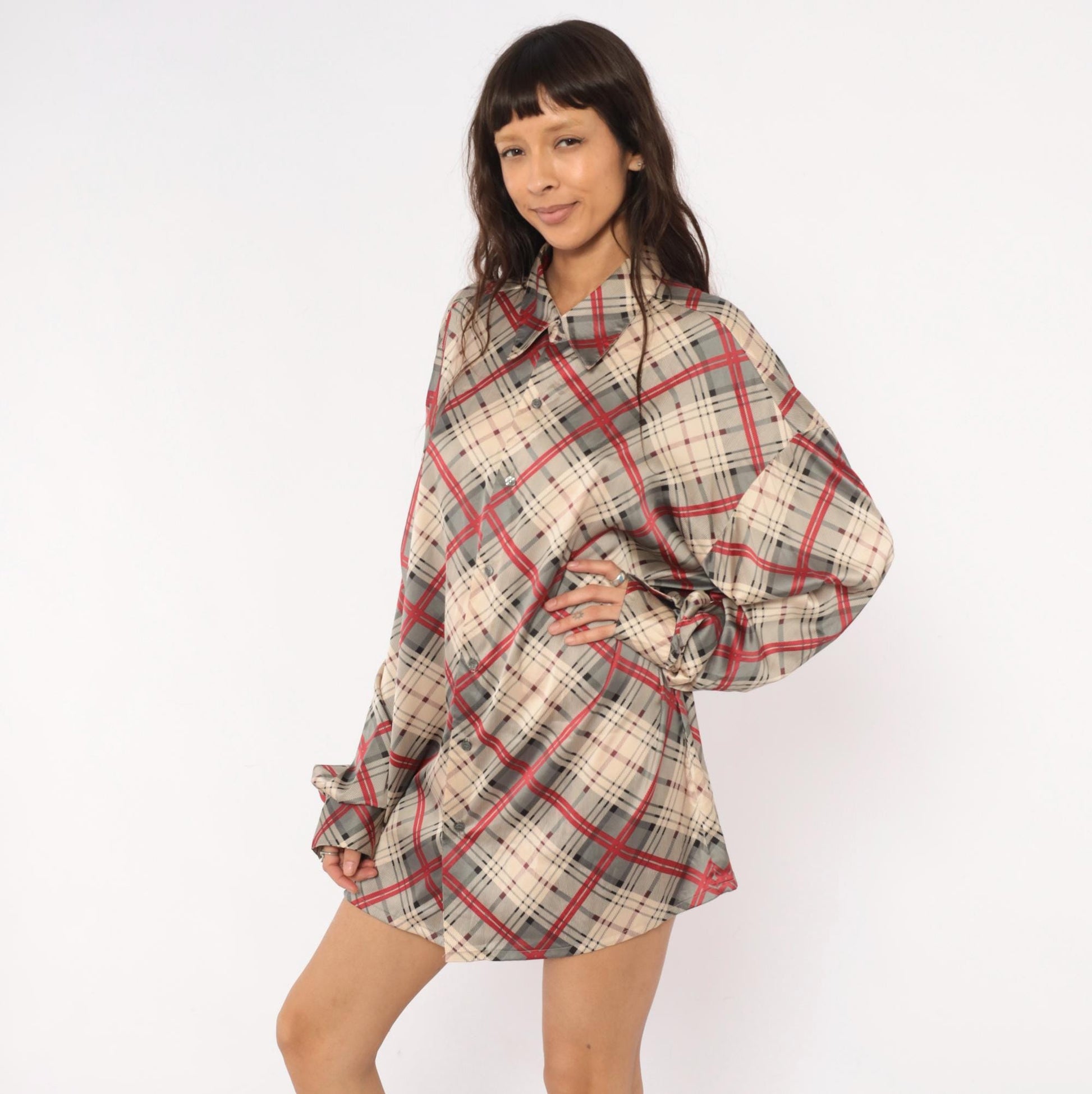 70s Monzini Plaid Button-Front Shirt Burgundy Pointed Collar Extra Large XL