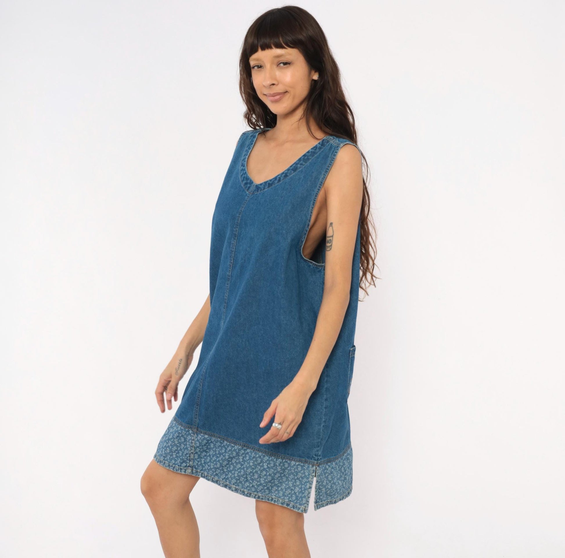 90s Erika & Co. Denim Shift Dress Embroidered Floral Cobalt Extra Large XXL