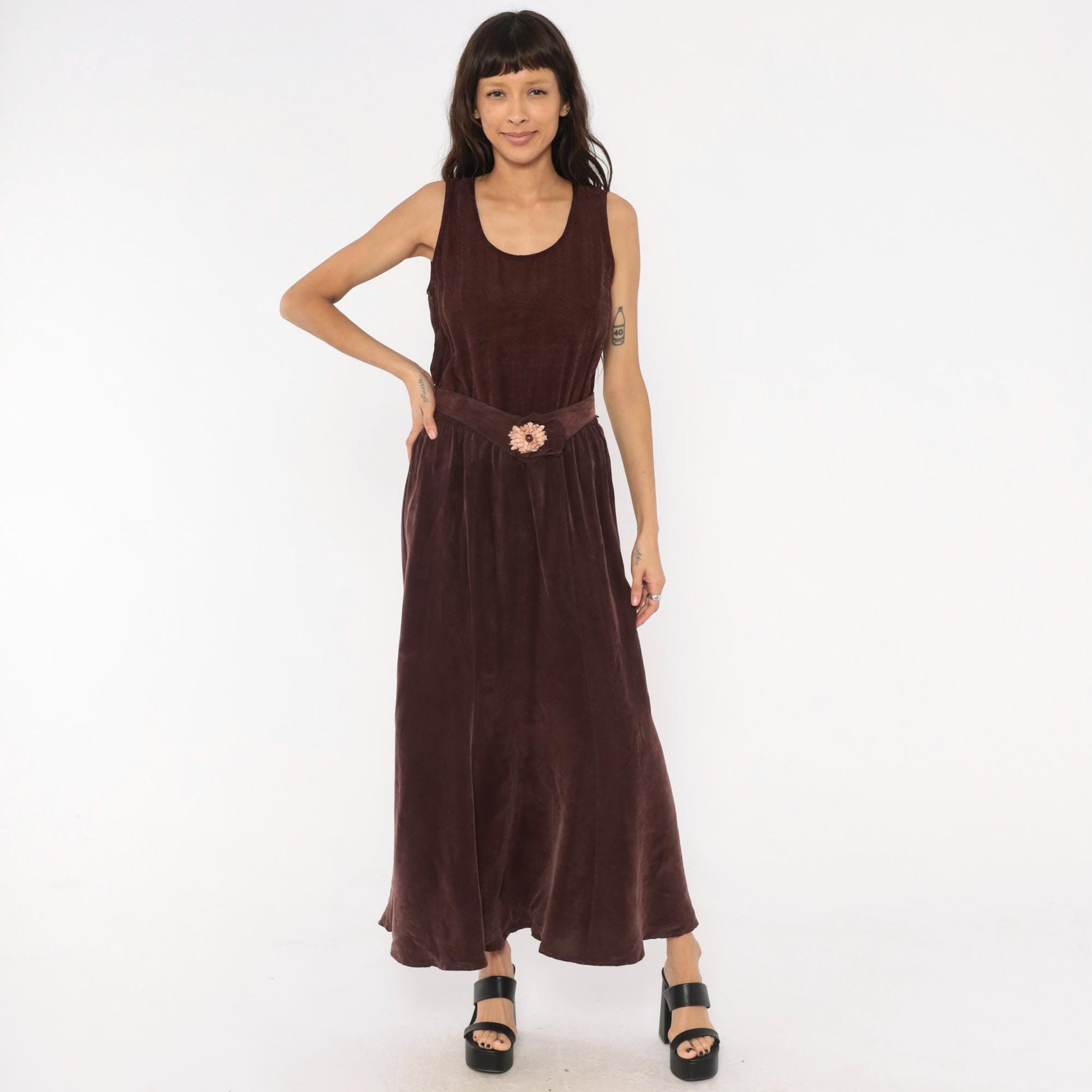 90s Plum Velvet Maxi Dress Sleeveless Scoop Neck Floral Belt Small Medium