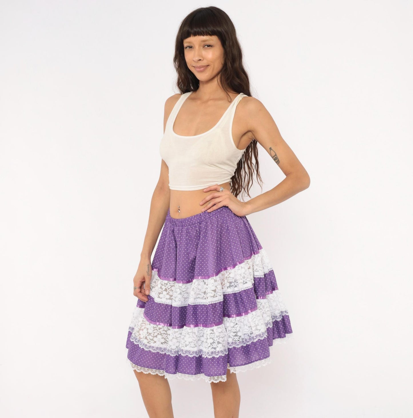 80s Purple Polka Dot Tiered Skirt Carefree Fashions Lace Trim Cotton Medium