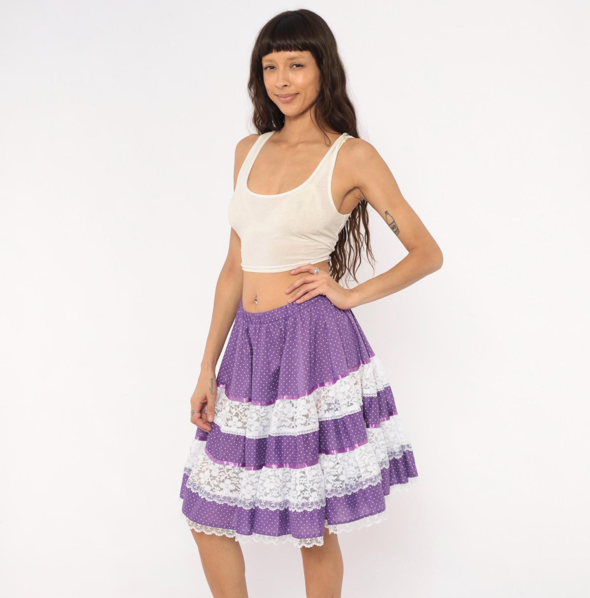 80s Purple Polka Dot Tiered Skirt Carefree Fashions Lace Trim Cotton Medium