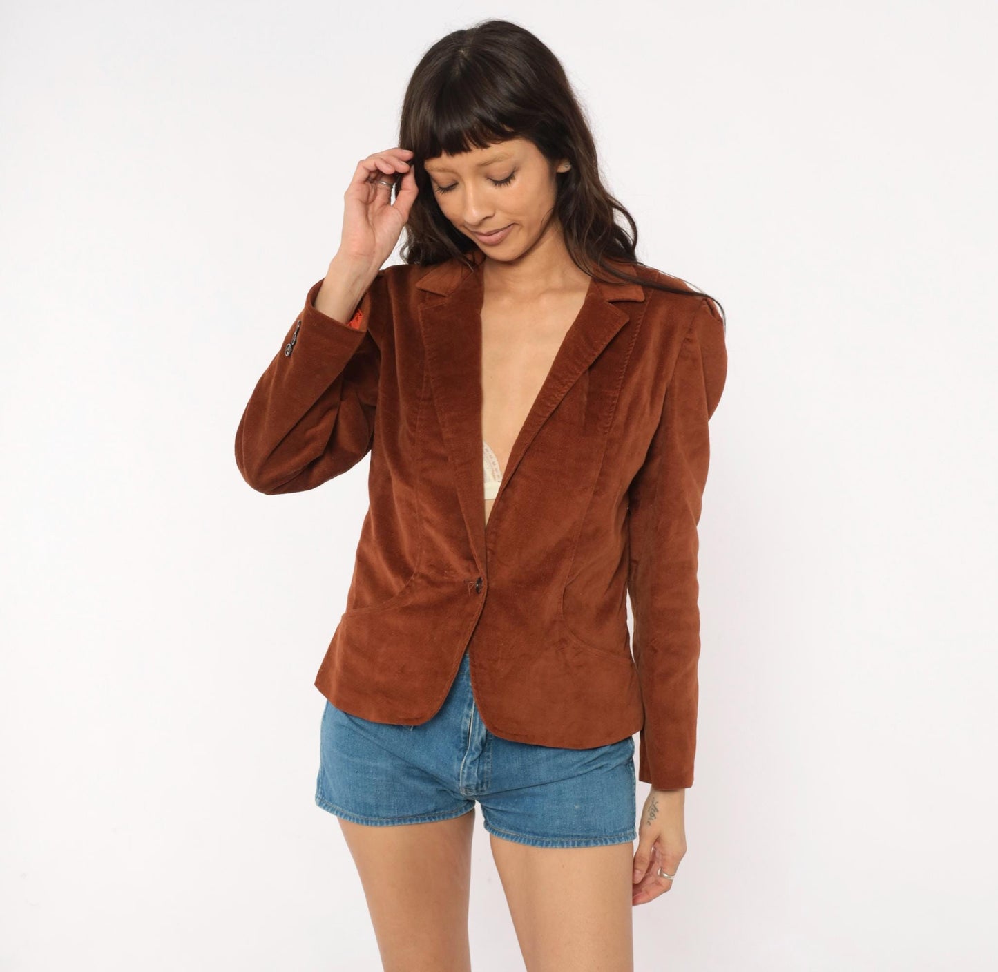 70s Brown Velvet Blazer Single Button Puff Shoulder Fitted Jacket Small