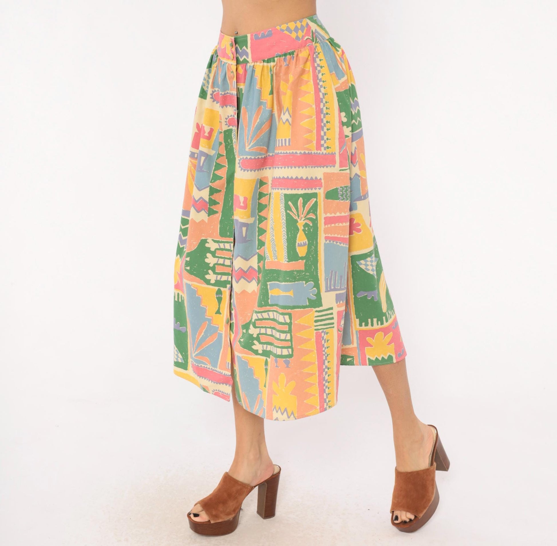 90s Laura Ashley Abstract Print Midi Skirt Cotton Button Front Multicolor Medium