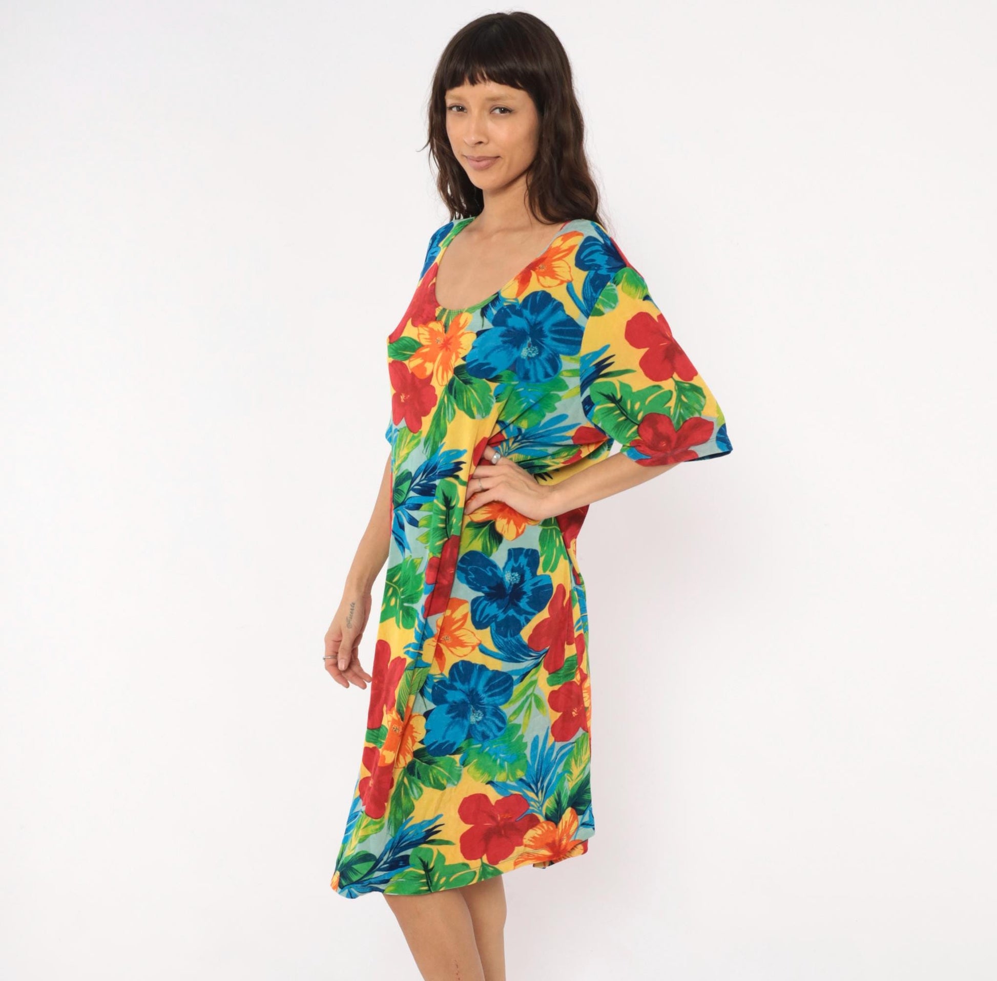 90s Slinky Brand Tropical Hibiscus Dress Scoop Neck Half Sleeve Plus Size XXL