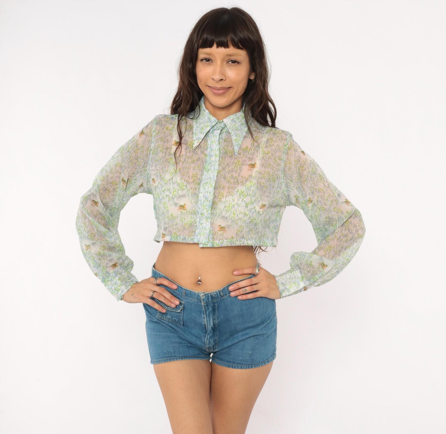 70s Tall Shop Cropped Sheer Blouse Pastoral Landscape Print Green Blue Small Medium