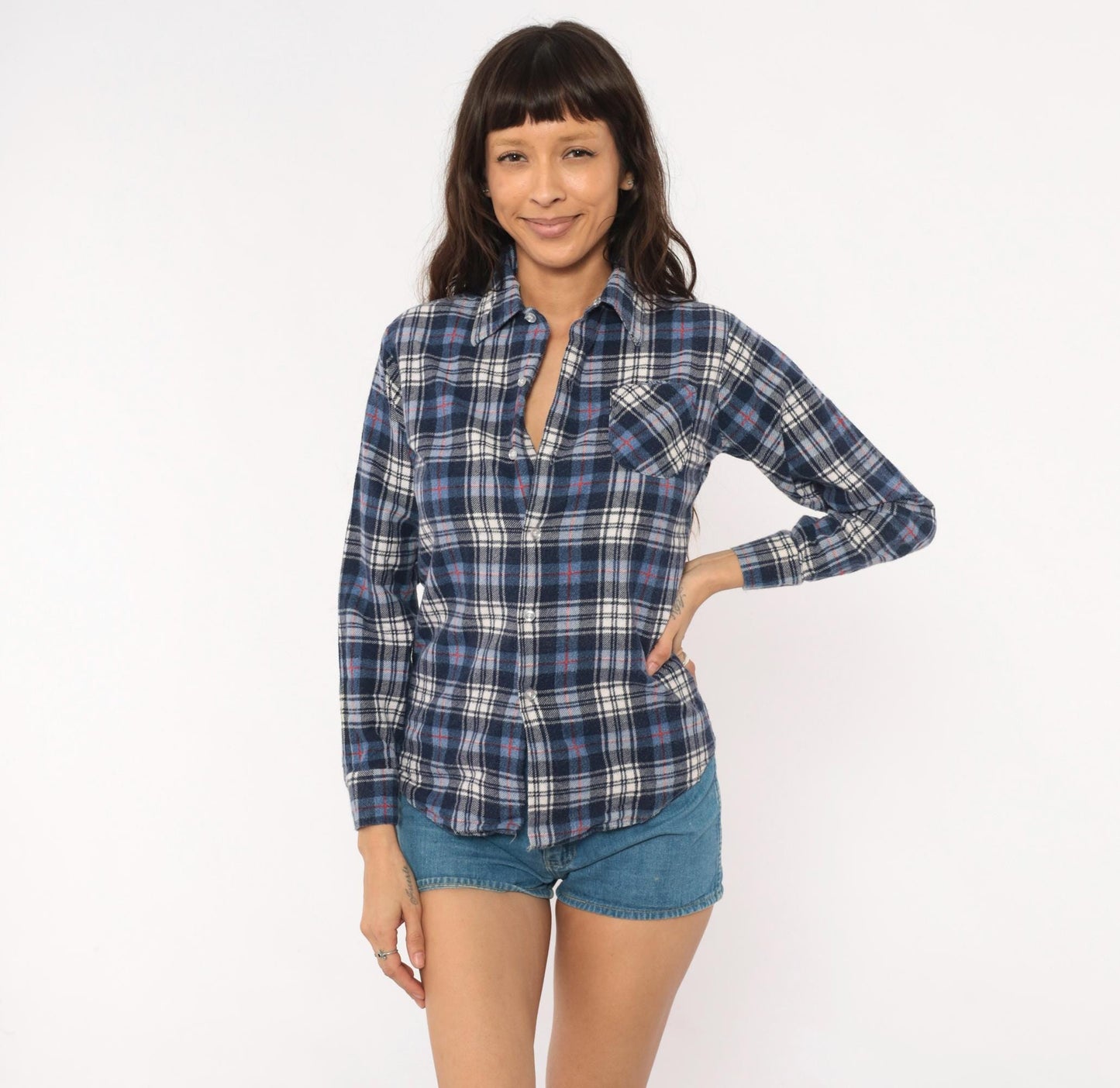 80s JC Penney Navy Plaid Flannel Shirt Cotton Button-Up XS