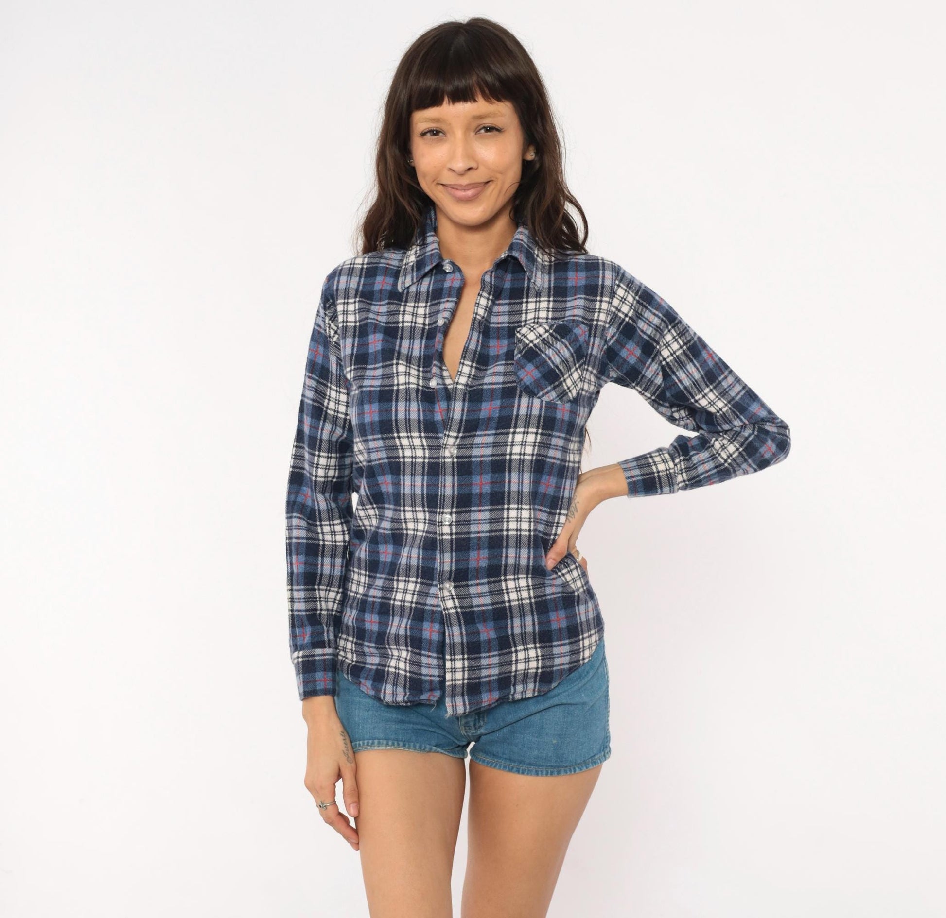 80s JC Penney Navy Plaid Flannel Shirt Cotton Button-Up XS