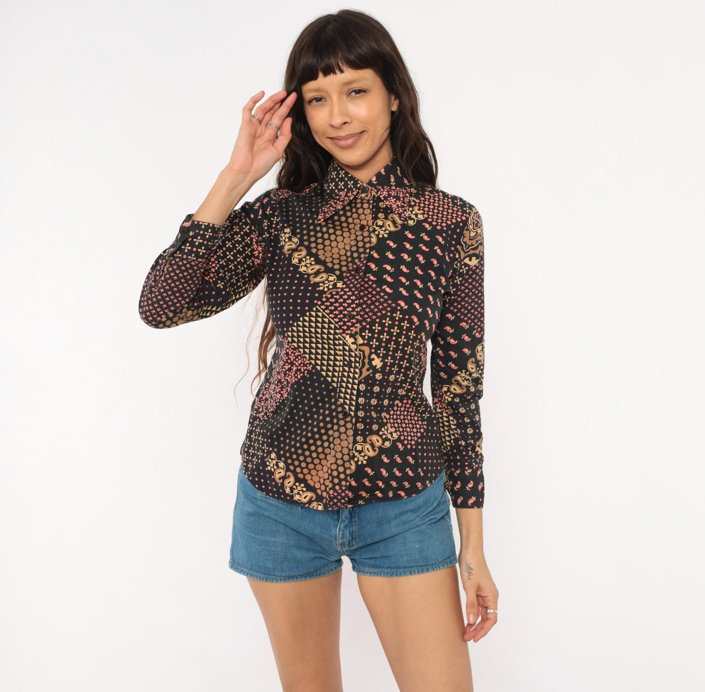 70s Gina Fashion Patchwork Button Blouse Black Pink Tan Paisley Cotton Extra Small