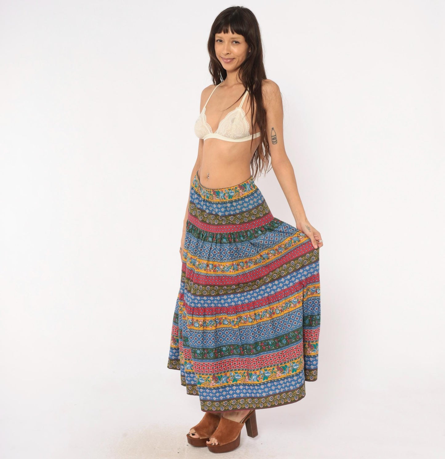 80s Anne Marie Patchwork Tiered Maxi Skirt Floral Striped Cotton Medium M