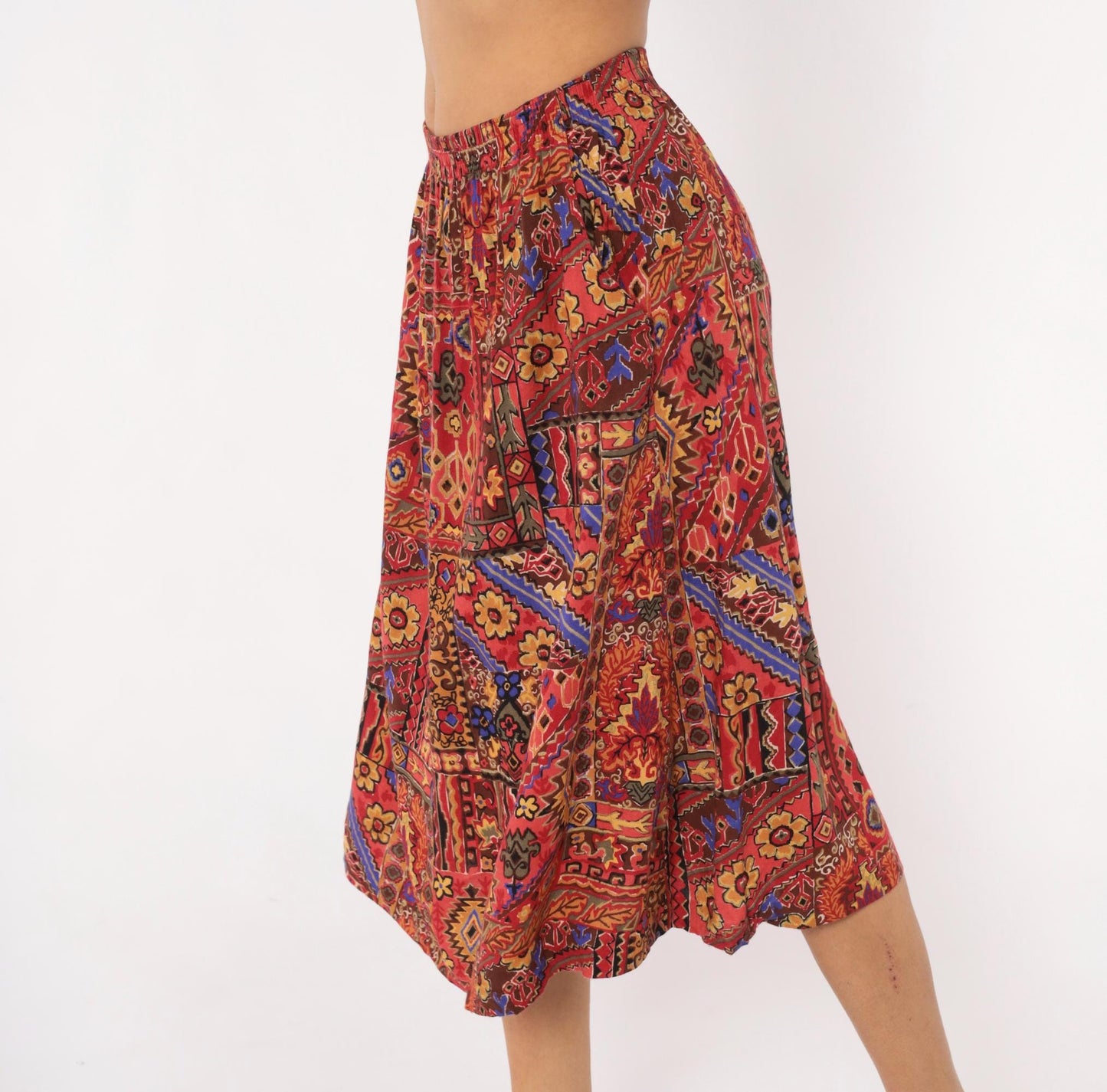 90s Block Island Patchwork Midi Skirt Kilim Print Red Burgundy Small