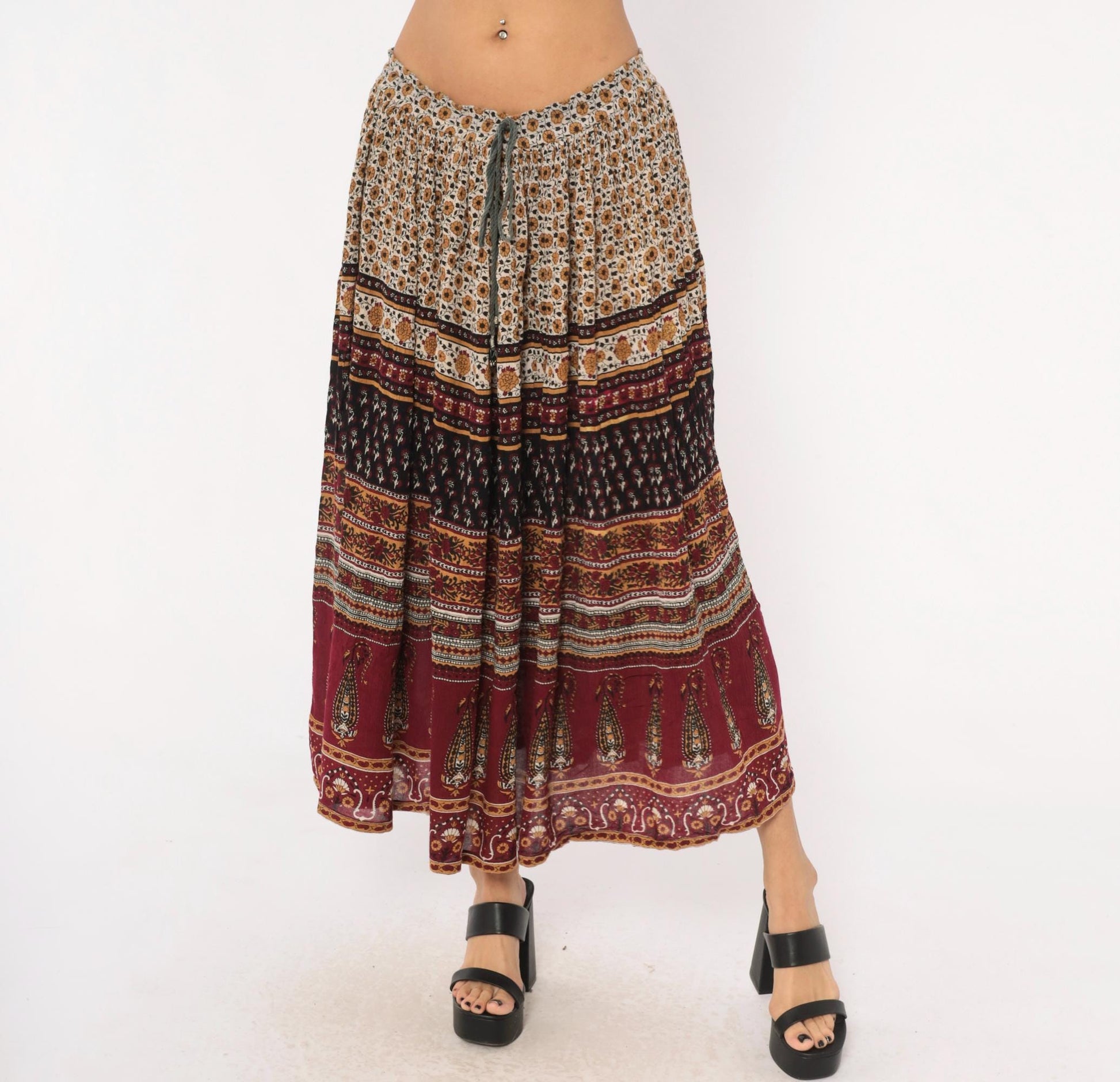 90s Sag Harbor Indian Block Print Maxi Skirt Burgundy Paisley Drawstring Large L