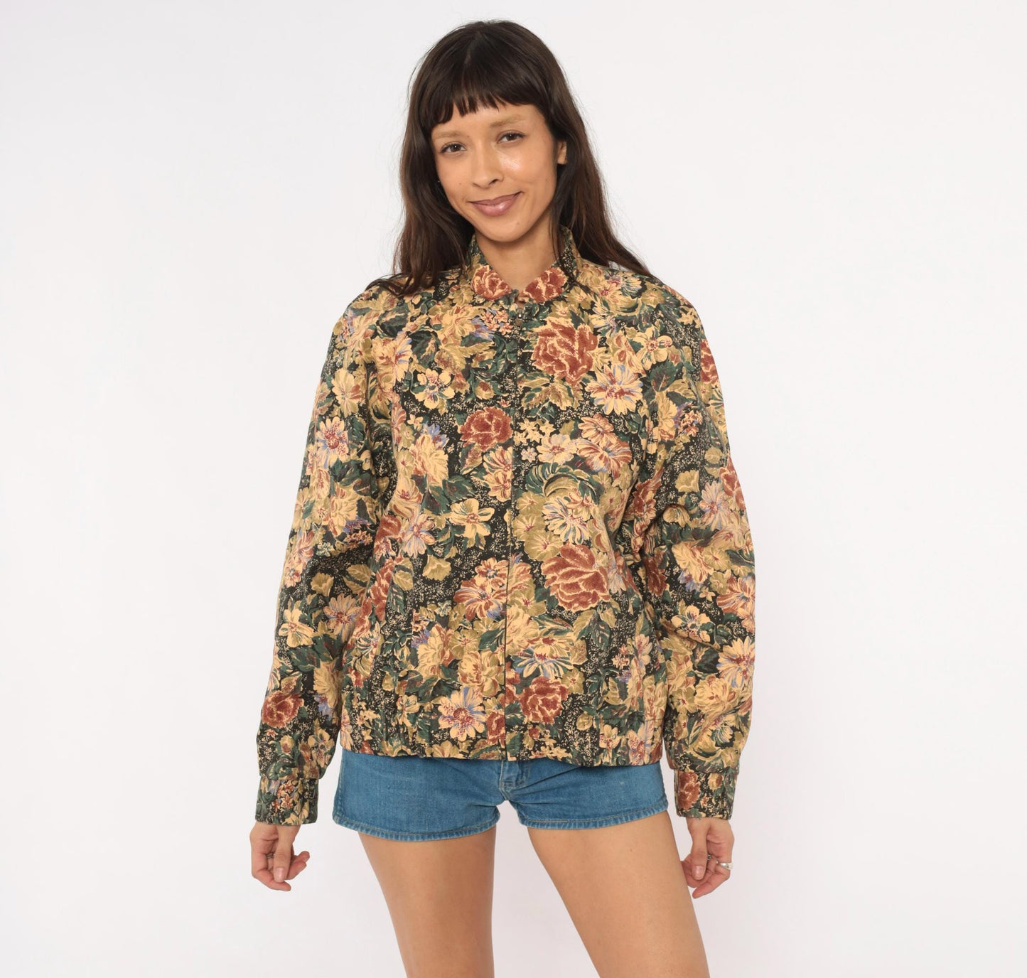 90s On The Verge Floral Tapestry Bomber Jacket Cotton Botanical Tan Burgundy Medium