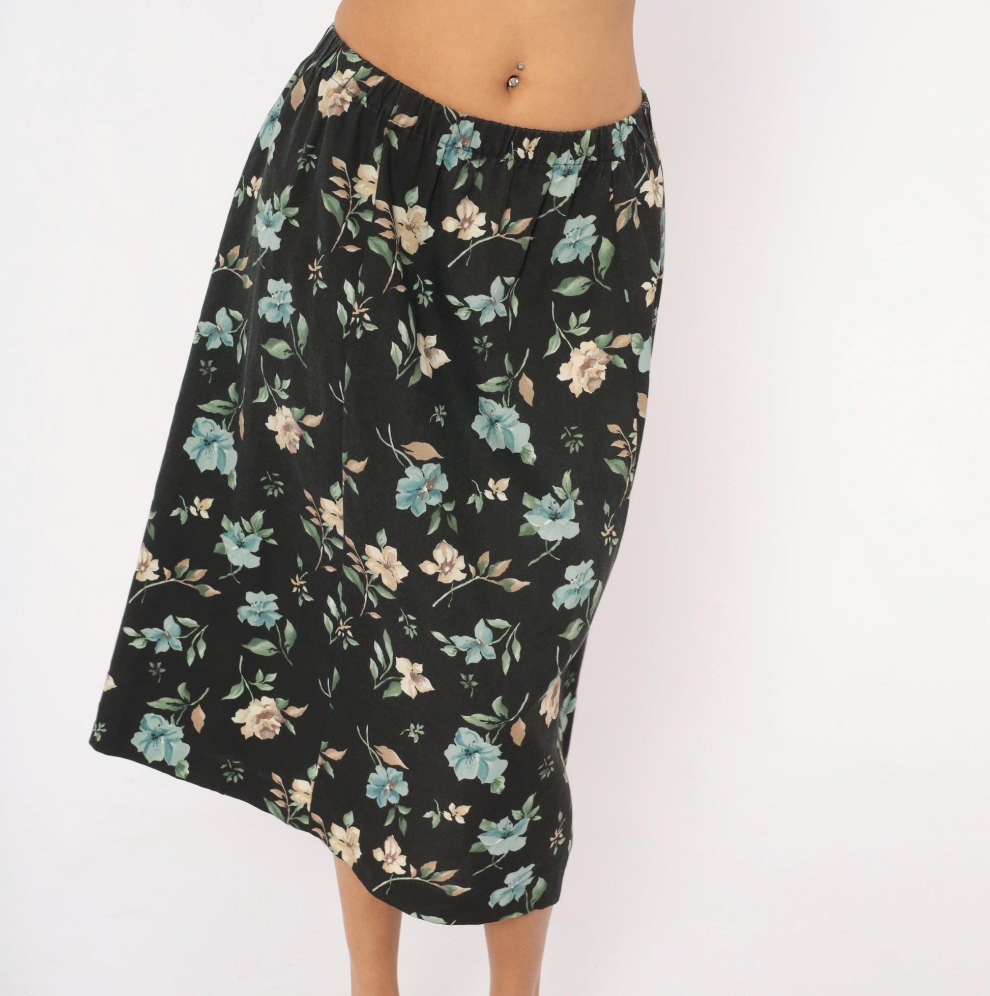 80s Blair Floral Midi Skirt Black Botanical Print Sage Green Medium