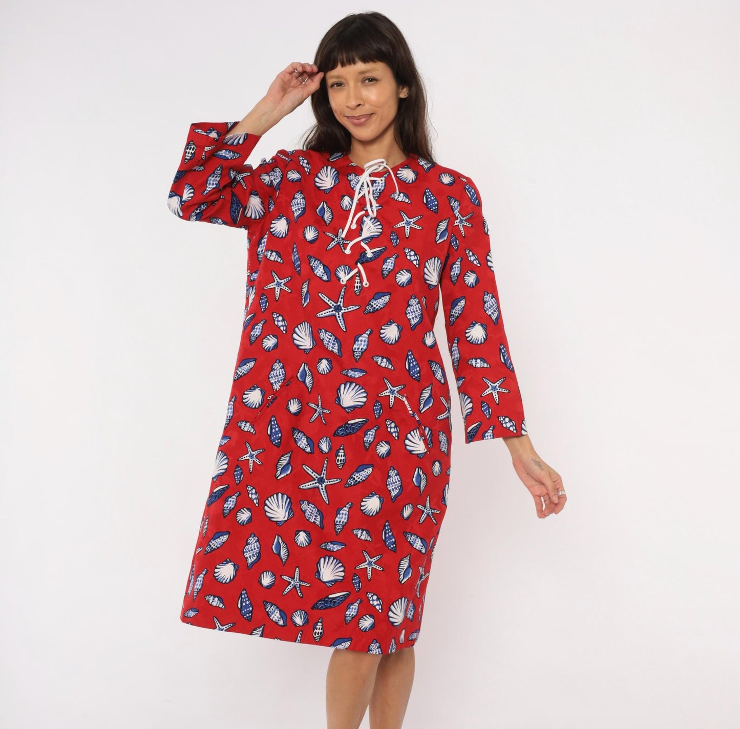 70s Bill Blass Seashell Starfish Print Shift Dress Red Cotton Lace-Up Large L