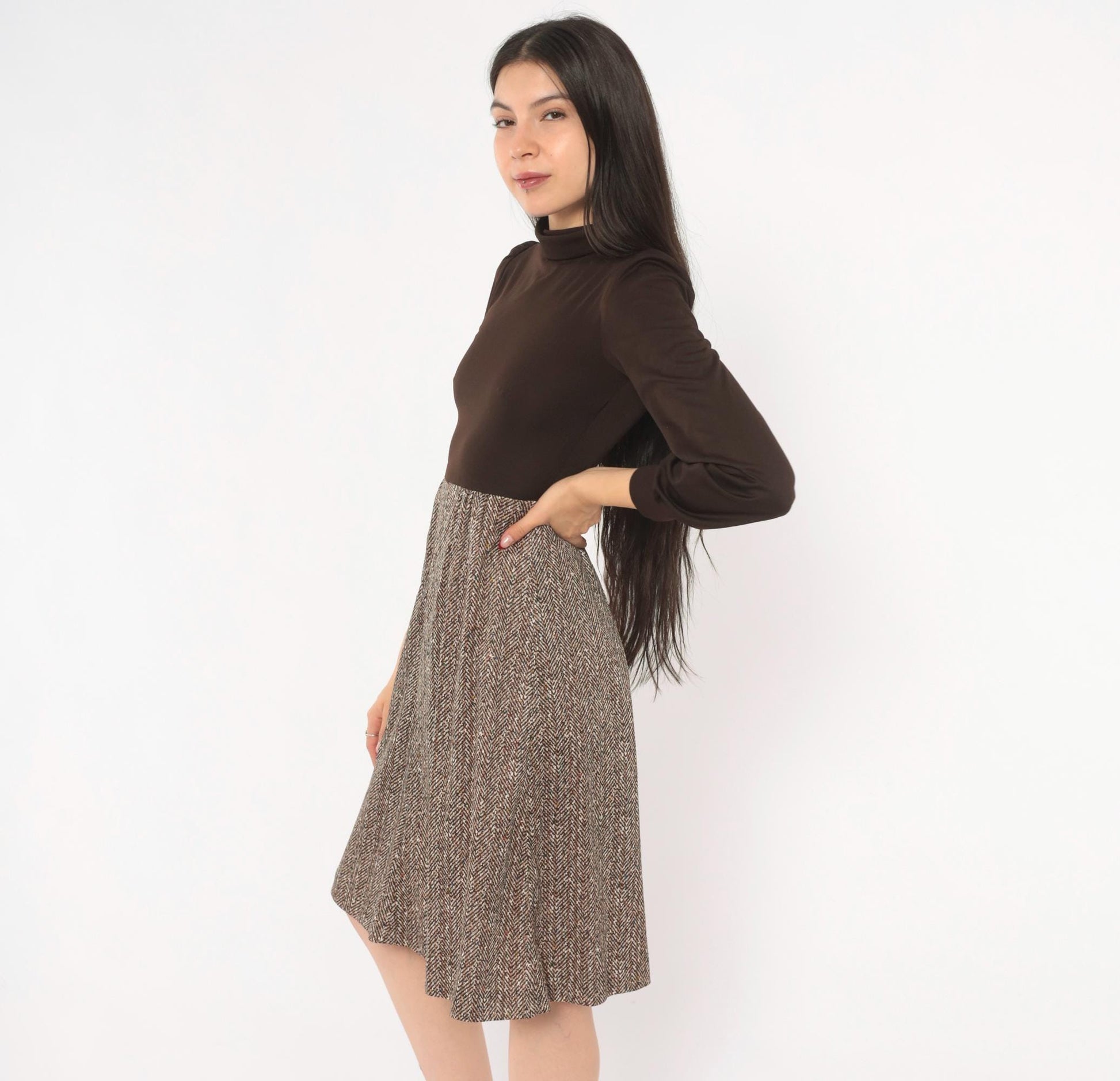 70s Brown Herringbone A-Line Dress Puff Sleeve Turtleneck Extra Small XS
