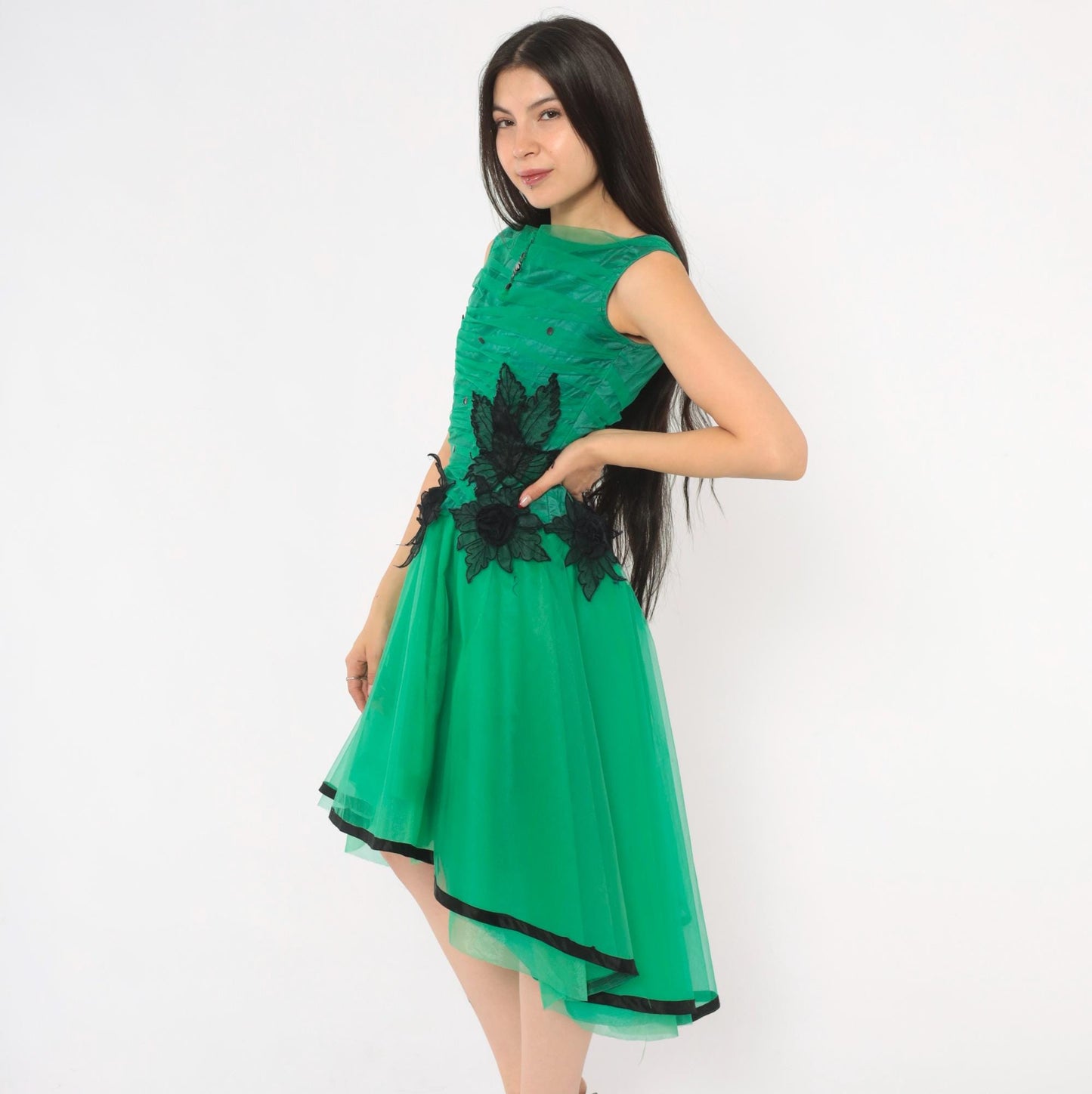 80s Emerald Green Fit Flare Party Dress Sequin Tulle High-Low Black Floral XS