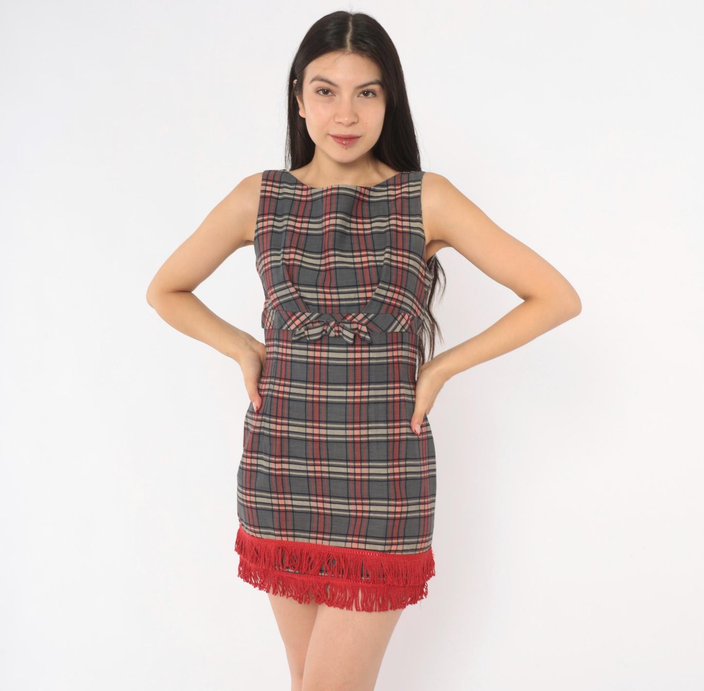 60s Plaid Mini Dress Grey Red Tartan Sleeveless Bow Empire Waist XS