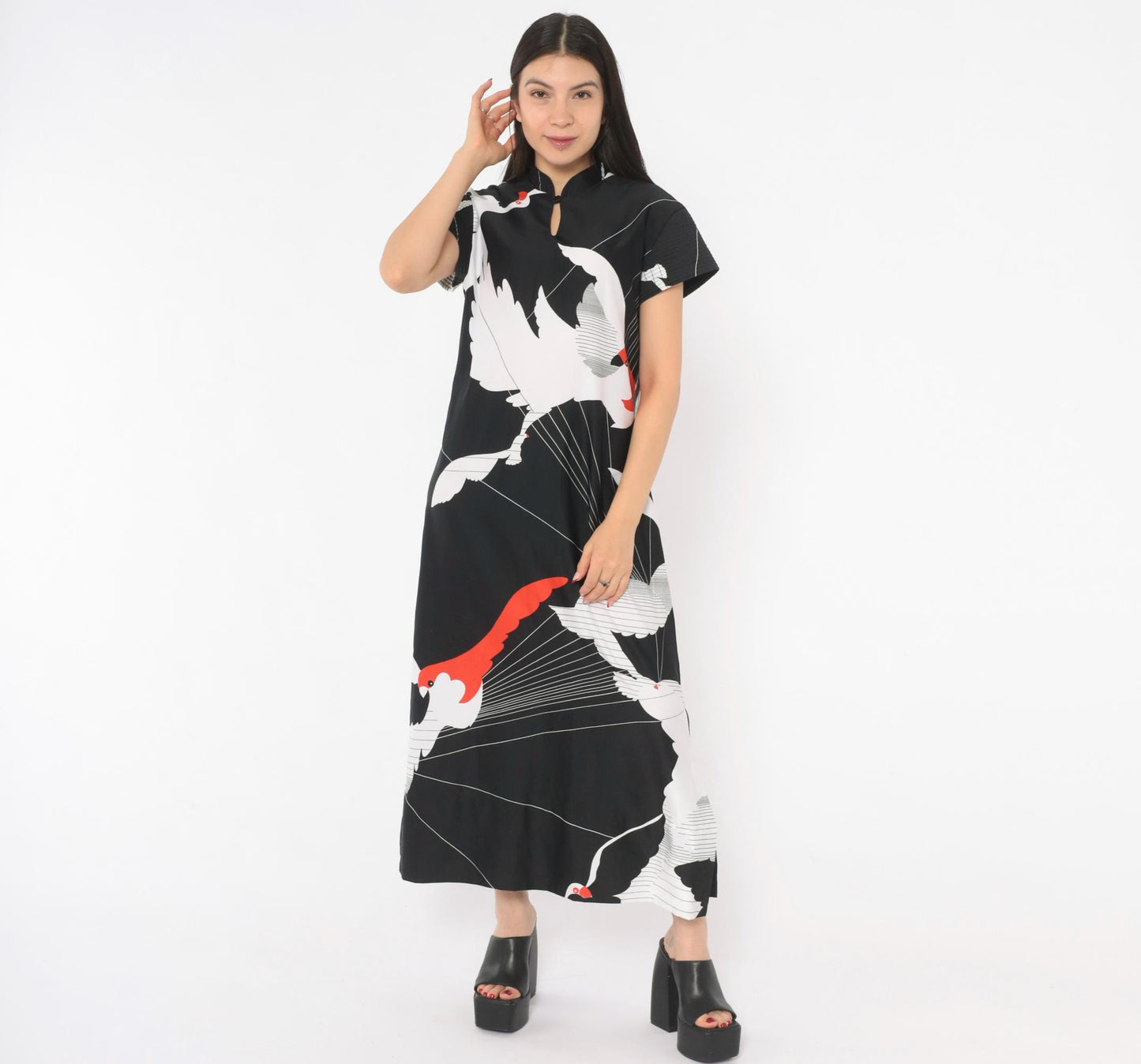 70s Tori Richard Crane Print Maxi Dress Black White Red Mandarin Collar Medium M