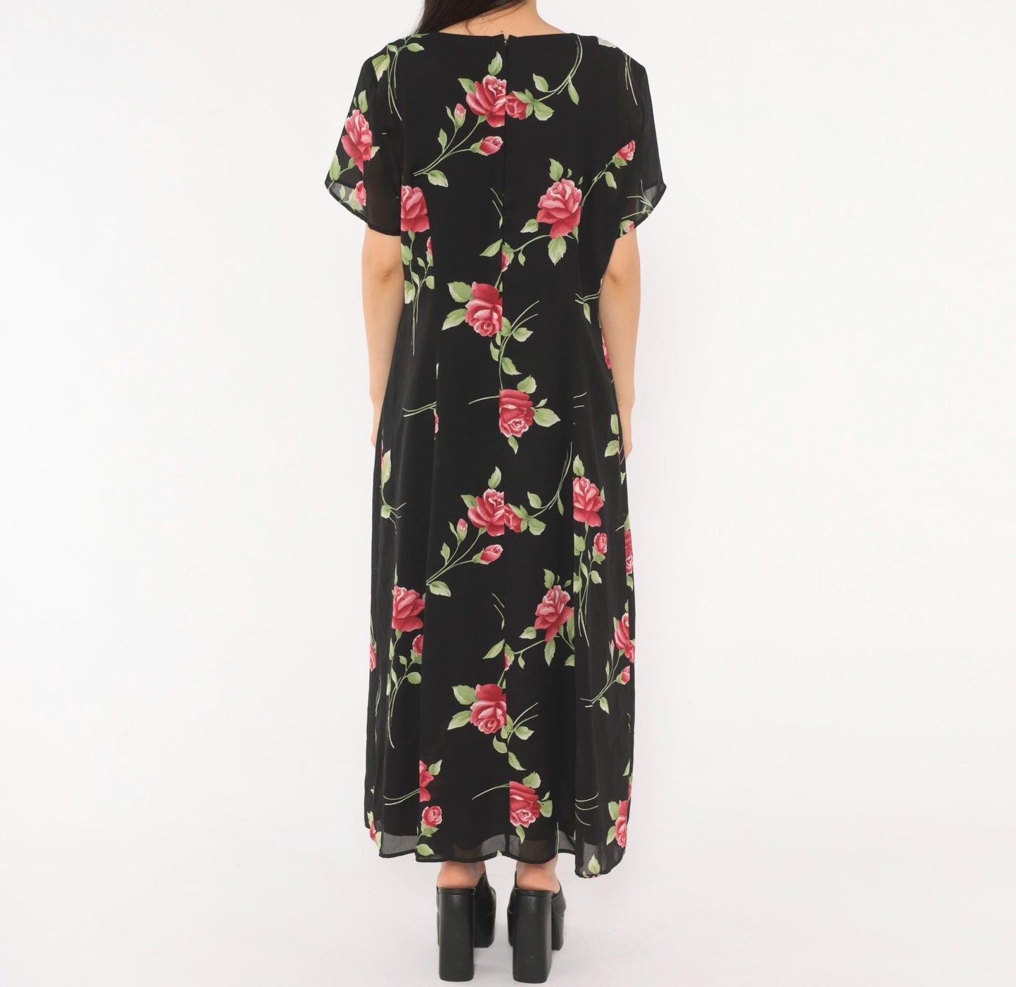 90s Black Rose Maxi Dress Floral Chiffon Scoop Neck A-Line Medium M