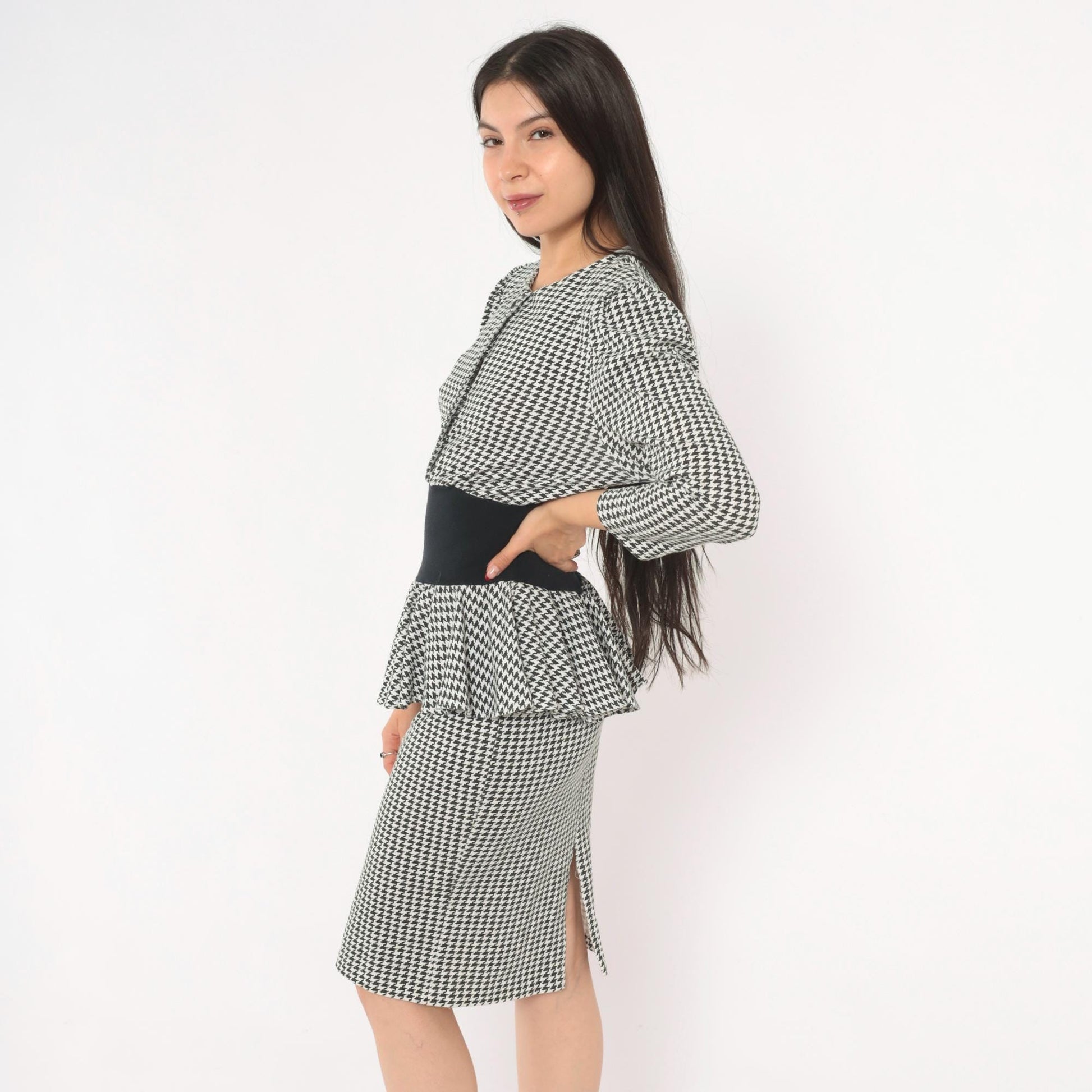90s Breakin' Loose Houndstooth Peplum Dress Black White Check Small