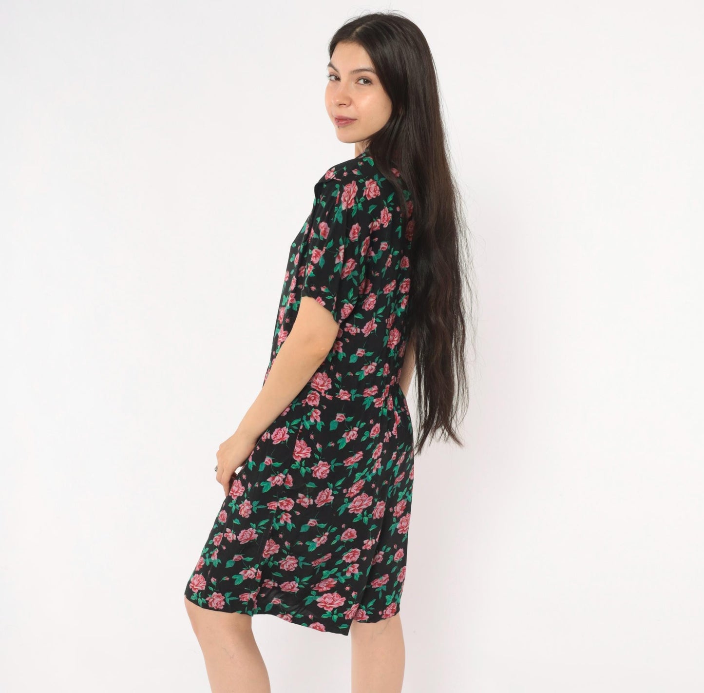 90s All That Jazz Floral Romper Black Pink Rose Print V-Neck Small S