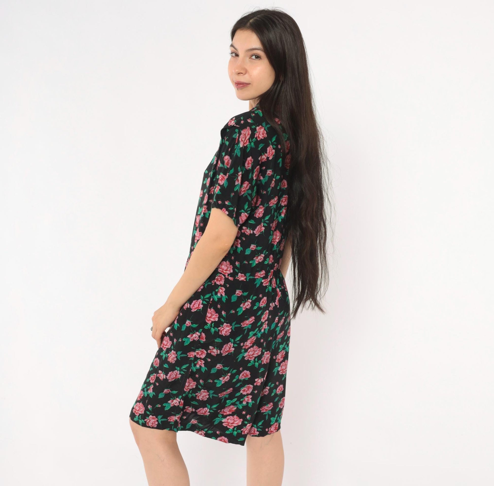 90s All That Jazz Floral Romper Black Pink Rose Print V-Neck Small S