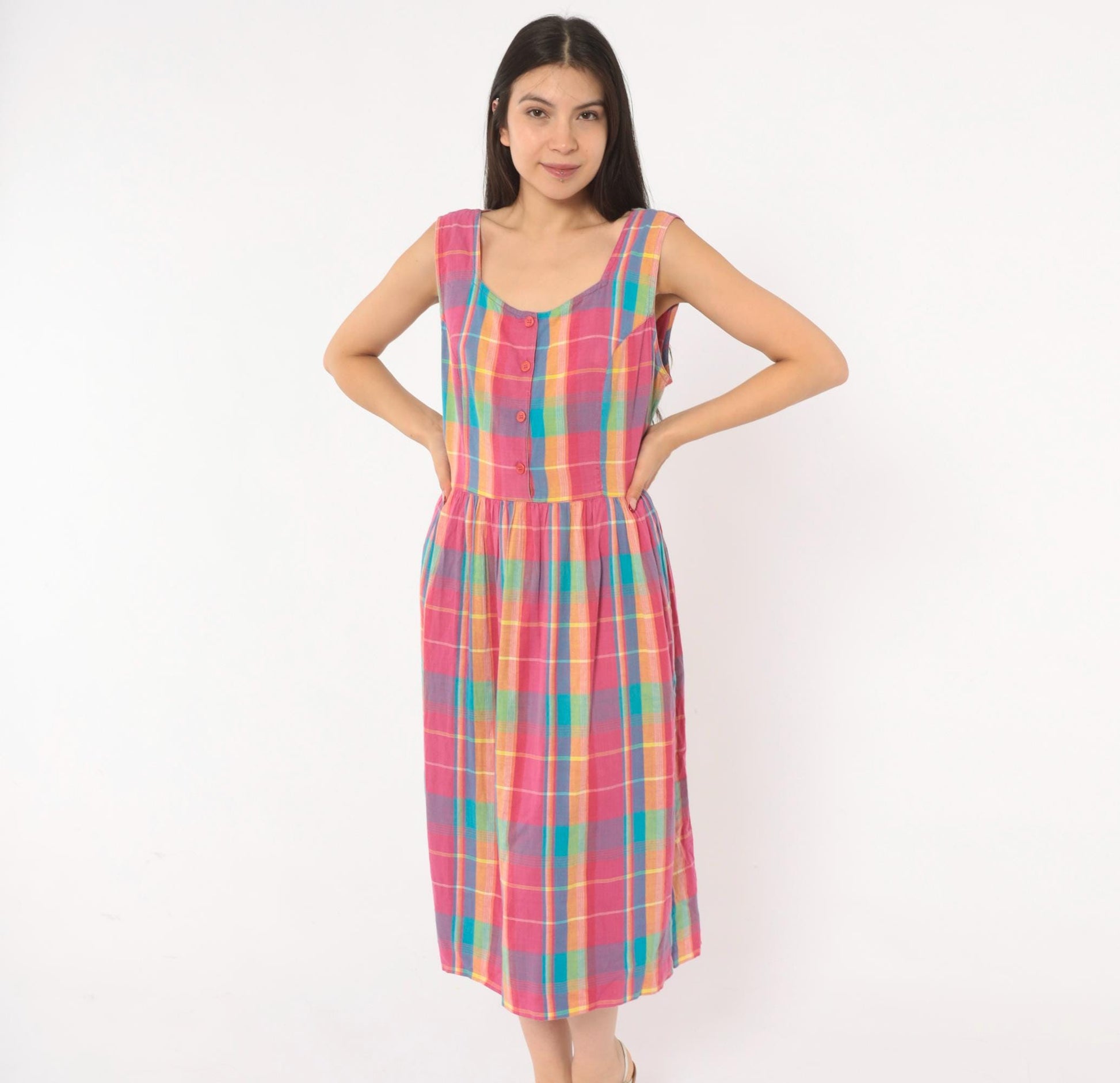 90s Madras Plaid Sundress Pink Turquoise Cotton Button Front Mid-Calf Medium M