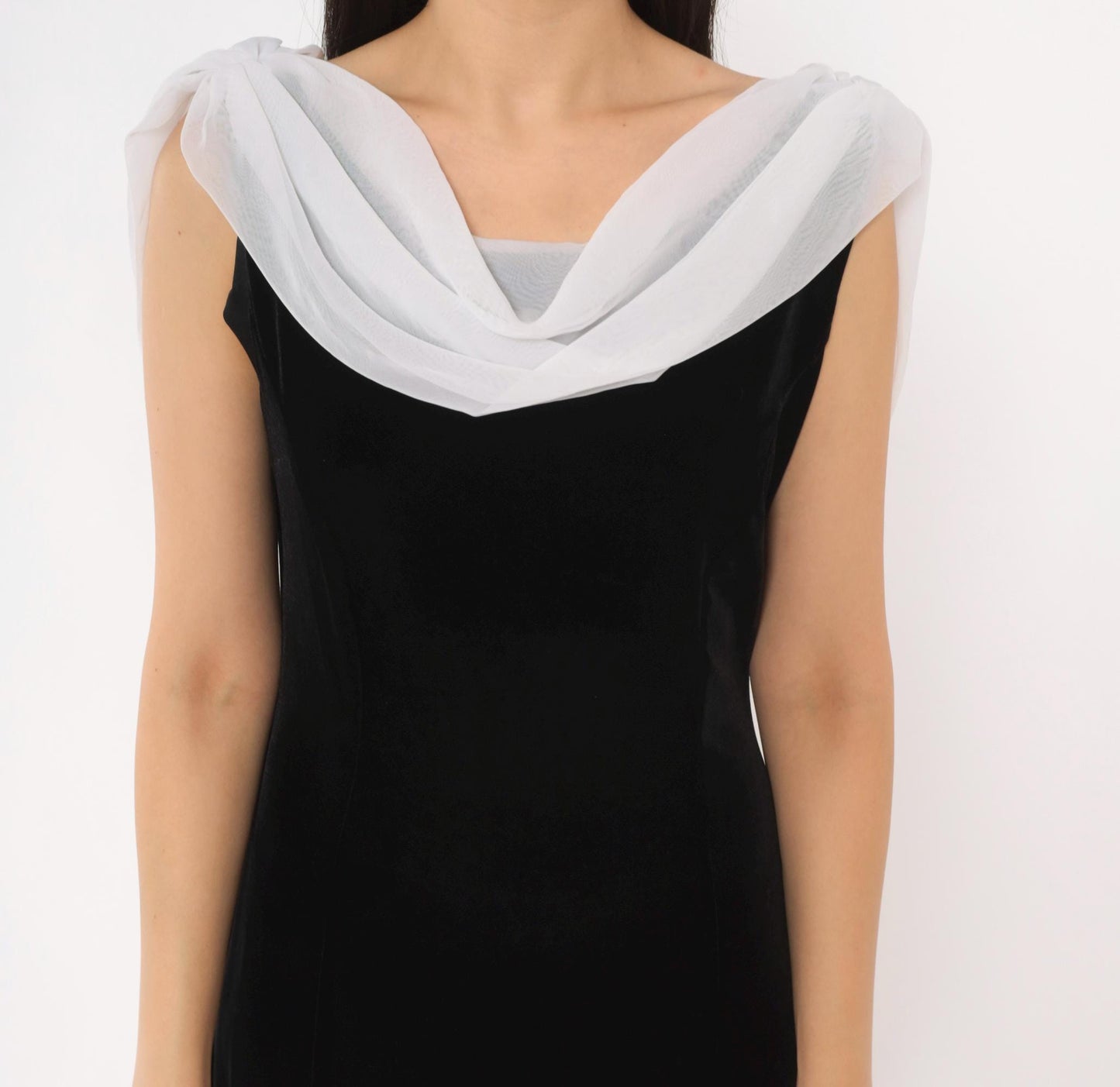 90s Night Way Black Velvet Column Gown White Chiffon Cowl Open Back Floor Length Large L