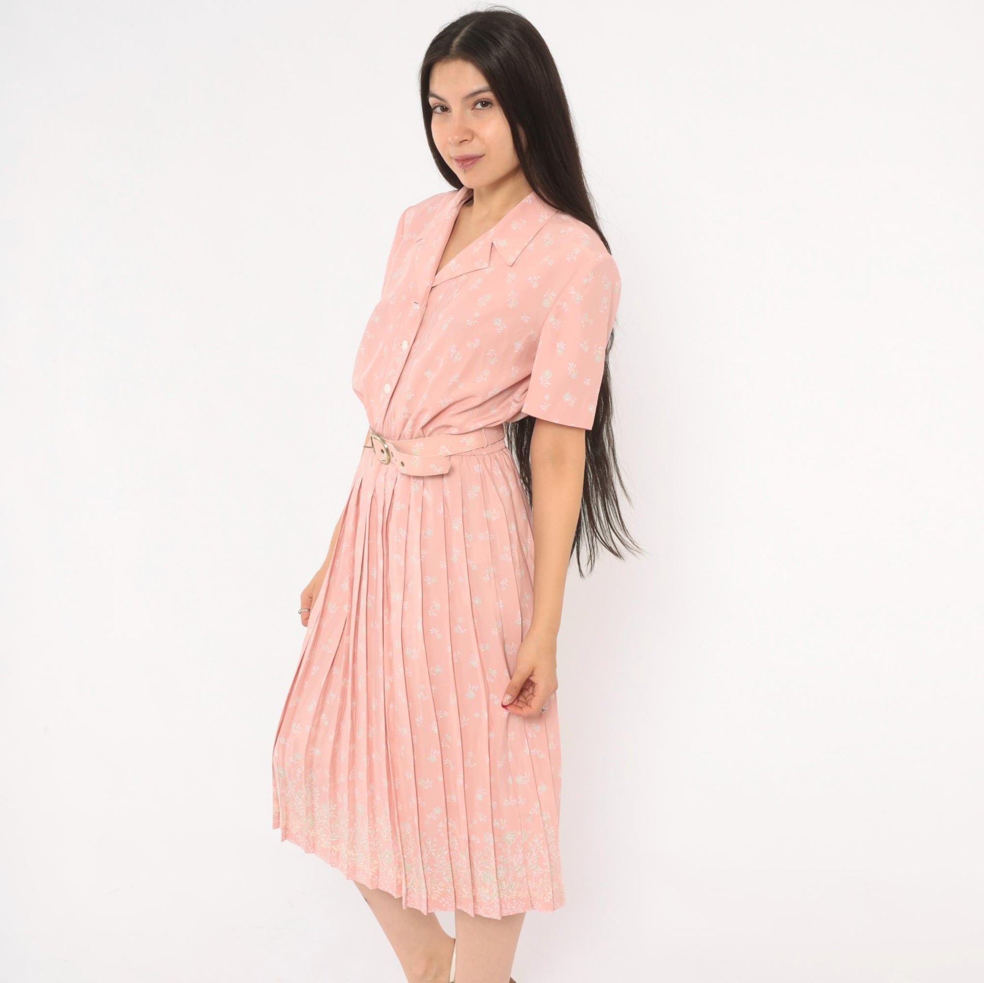 80s Leslie Fay Pink Floral Shirtdress Pleated Midi Notched Collar Small