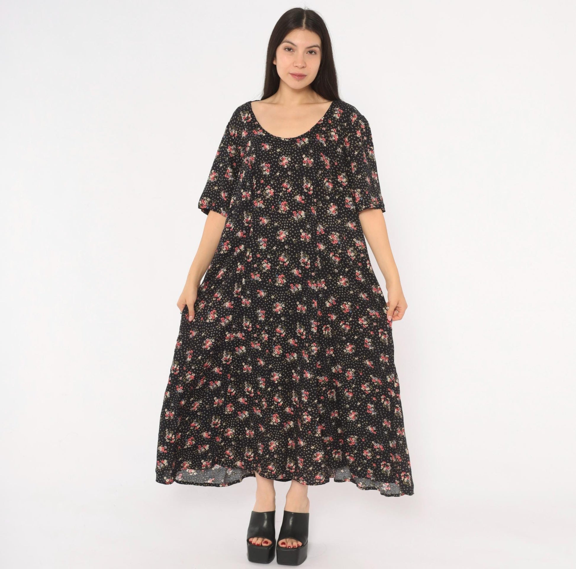 90s Jamie Brooke Black Floral Maxi Dress Pink Blue Scoop Neck Medium M