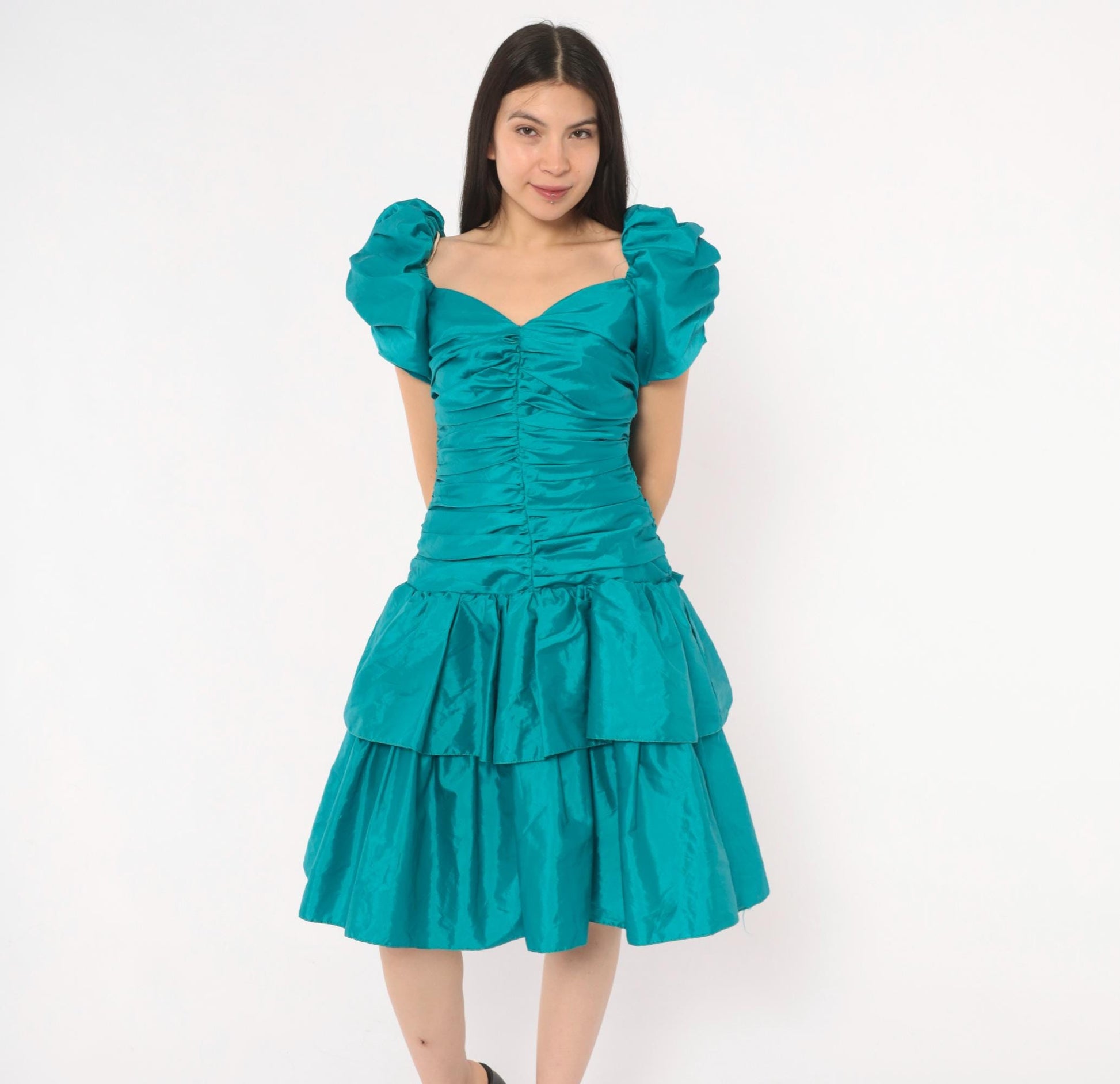 80s Teal Prom Dress Puff Sleeve Sweetheart Neckline Tiered Ruffle Skirt Small S