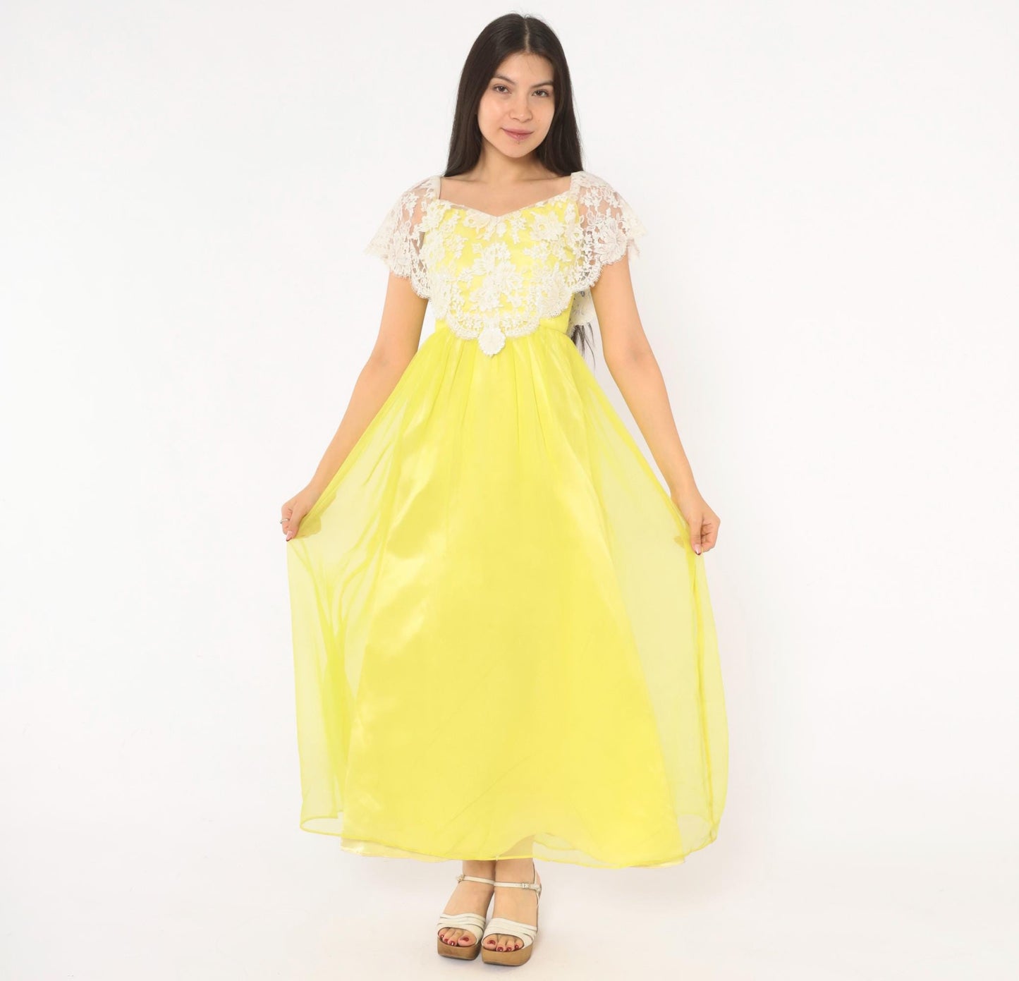 70s Yellow Chiffon Maxi Dress White Lace Overlay Empire Waist V Neck Extra Small XS