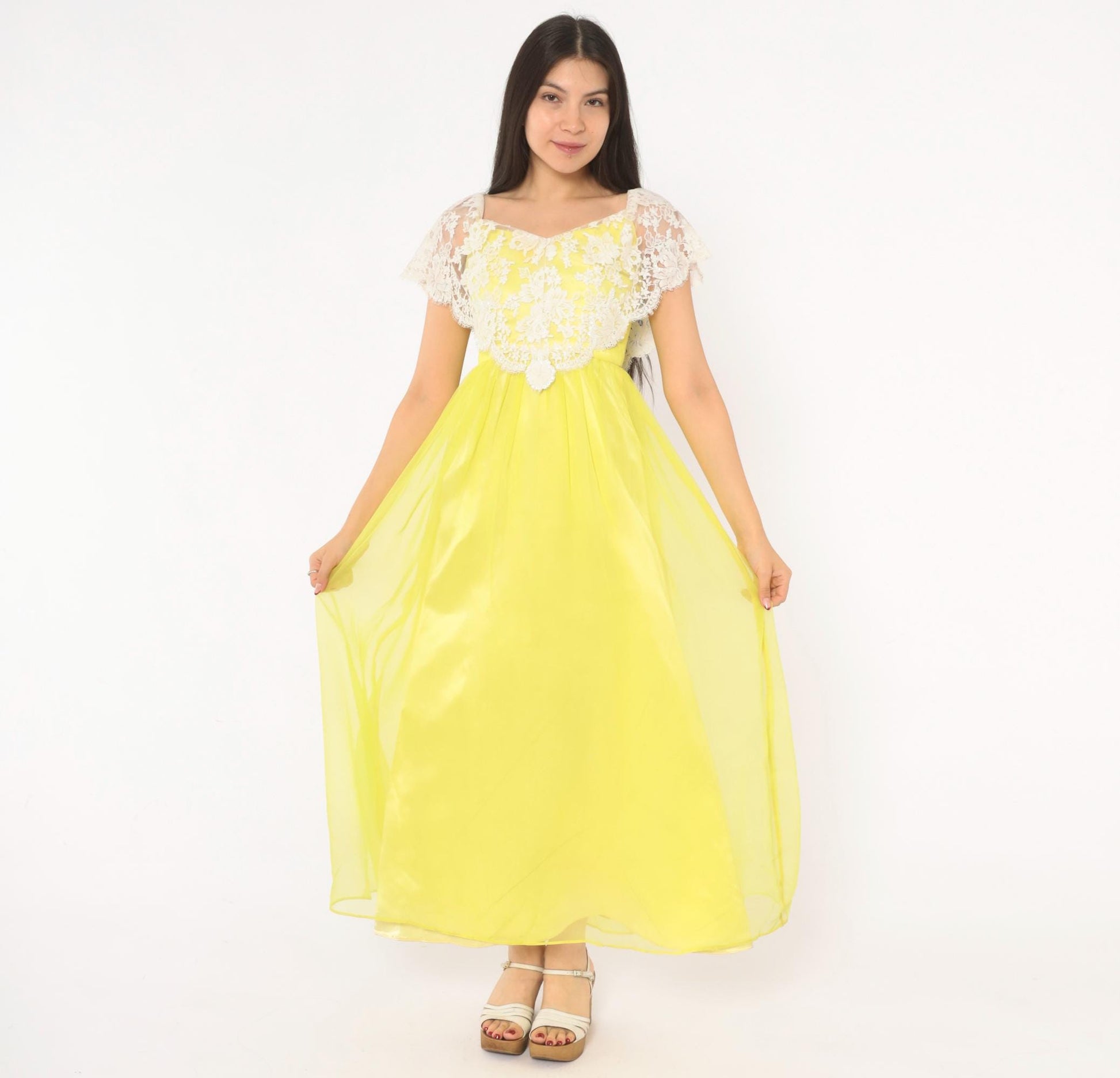 70s Yellow Chiffon Maxi Dress White Lace Overlay Empire Waist V Neck Extra Small XS