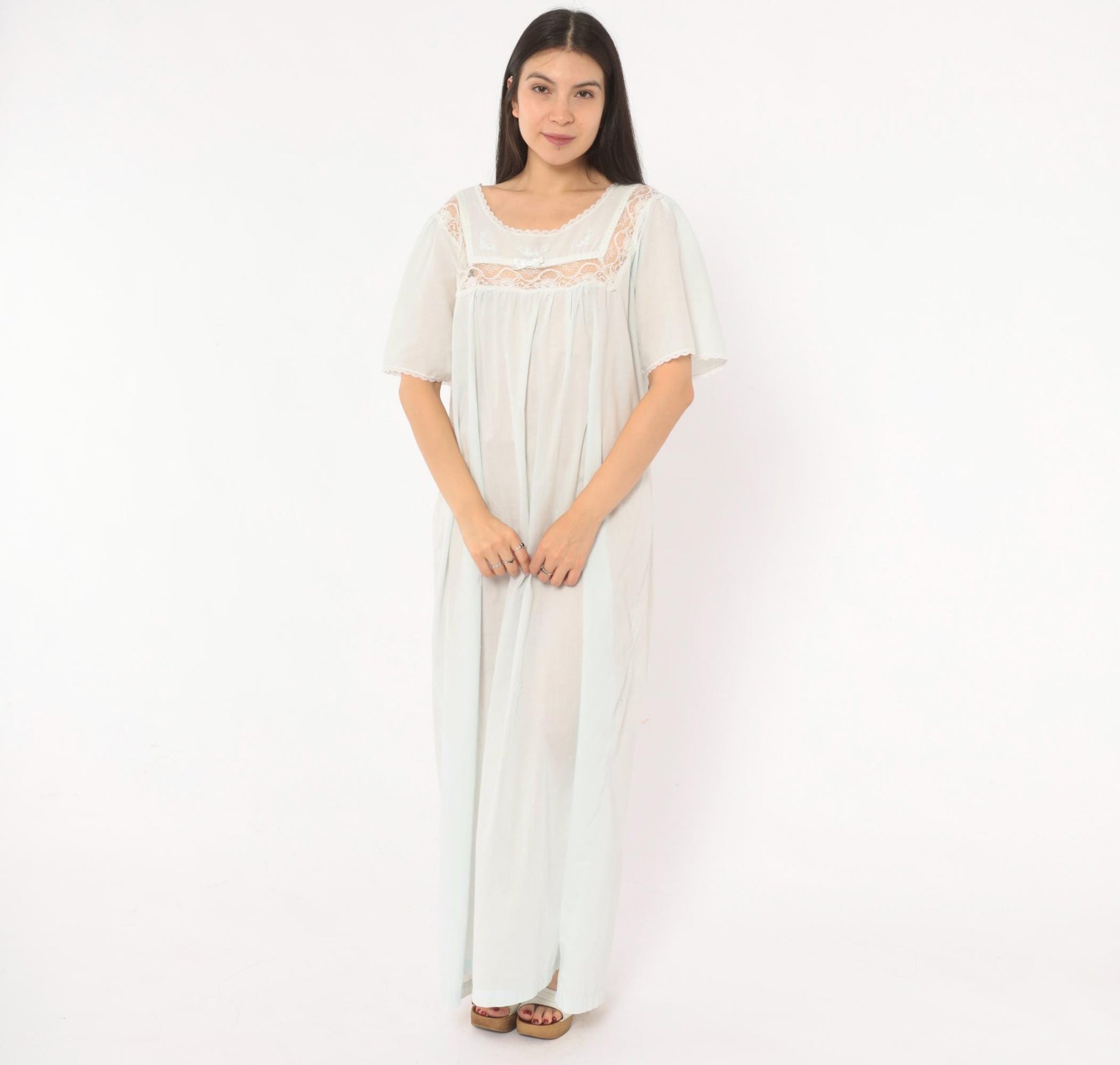 80s Barbizon Pale Blue Maxi Nightgown Lace Yoke Embroidered Puff Sleeve Large L