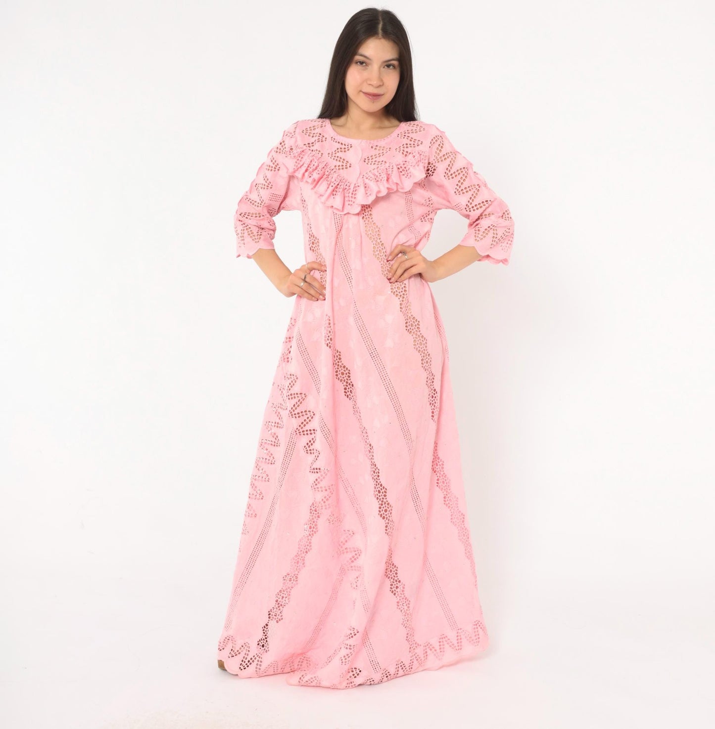 80s Pink Eyelet Lace Maxi Dress Cutwork Embroidered Puff Sleeve Medium M