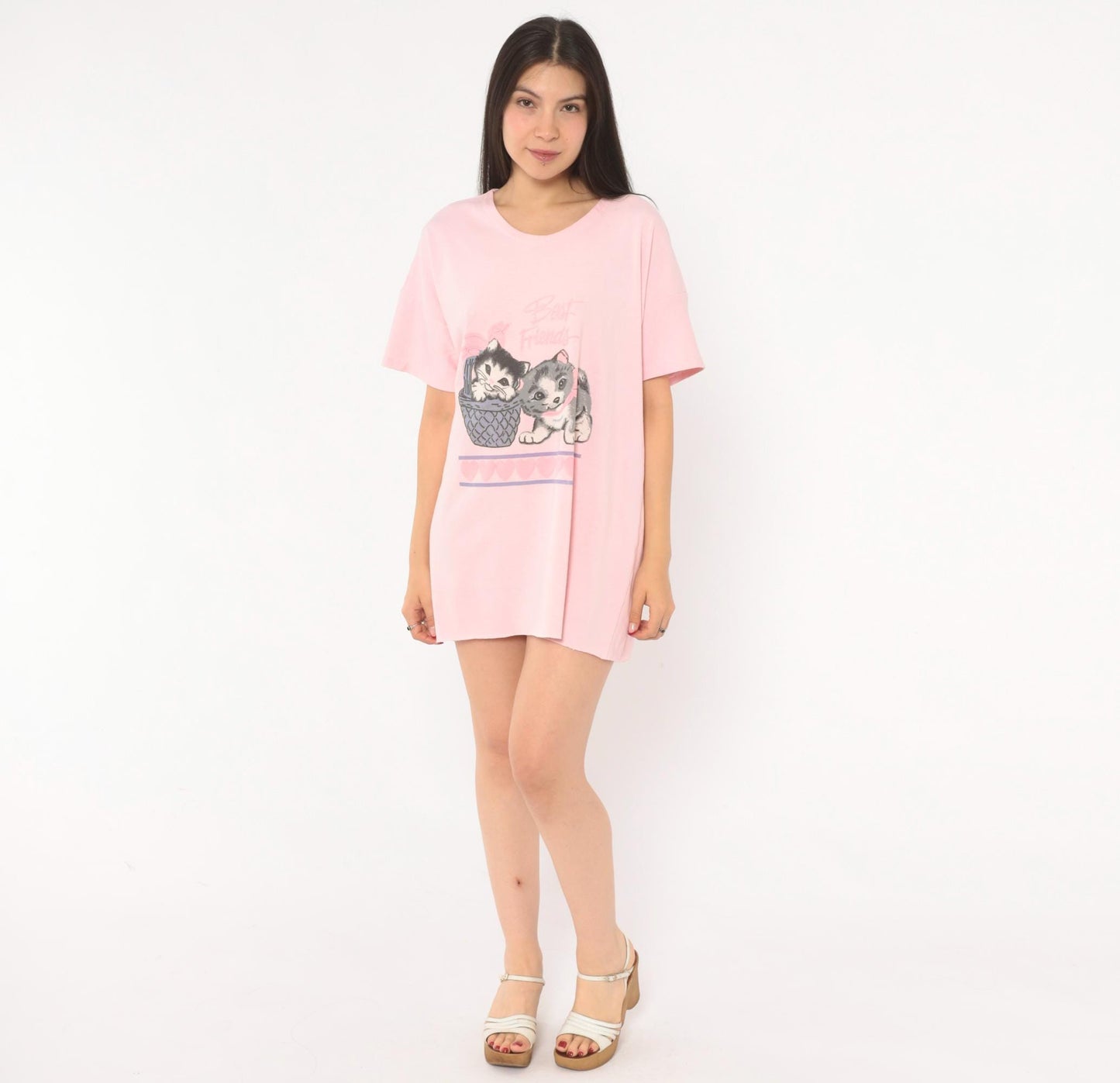 90s Best Friends Kitten Pink Sleep Shirt Cotton Graphic Tee One Size