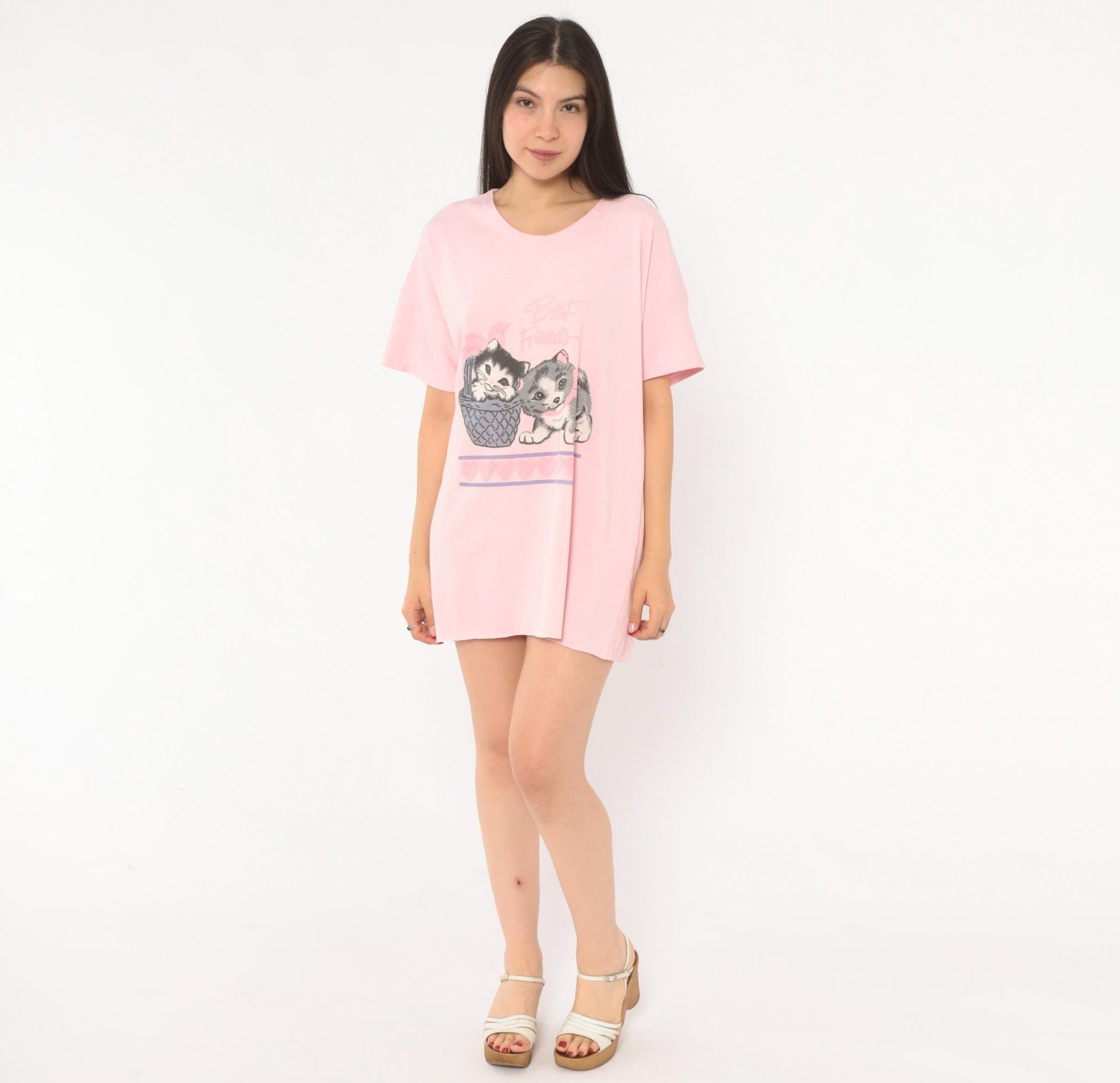 90s Best Friends Kitten Pink Sleep Shirt Cotton Graphic Tee One Size