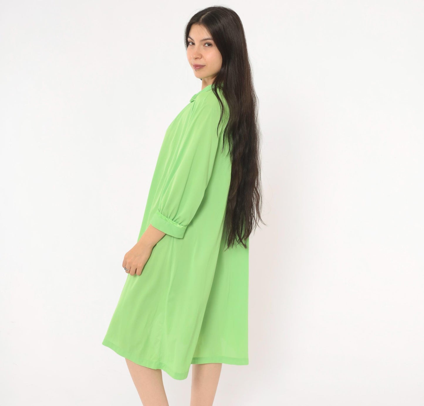 70s Mint Green Button-Front Housecoat Peter Pan Collar Satin Trim Large L