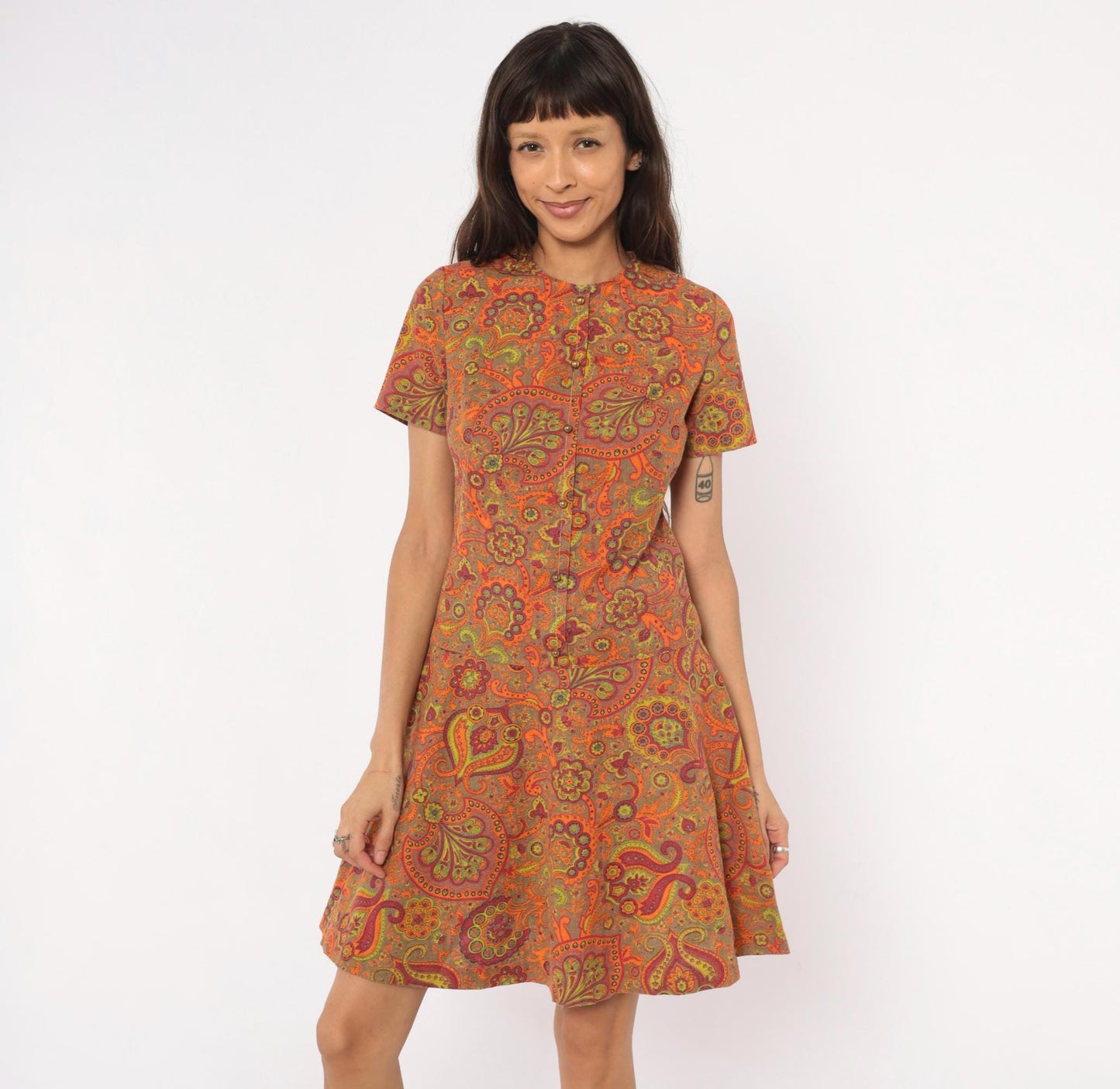 60s Junior West California Paisley Shift Dress Orange Cotton Small