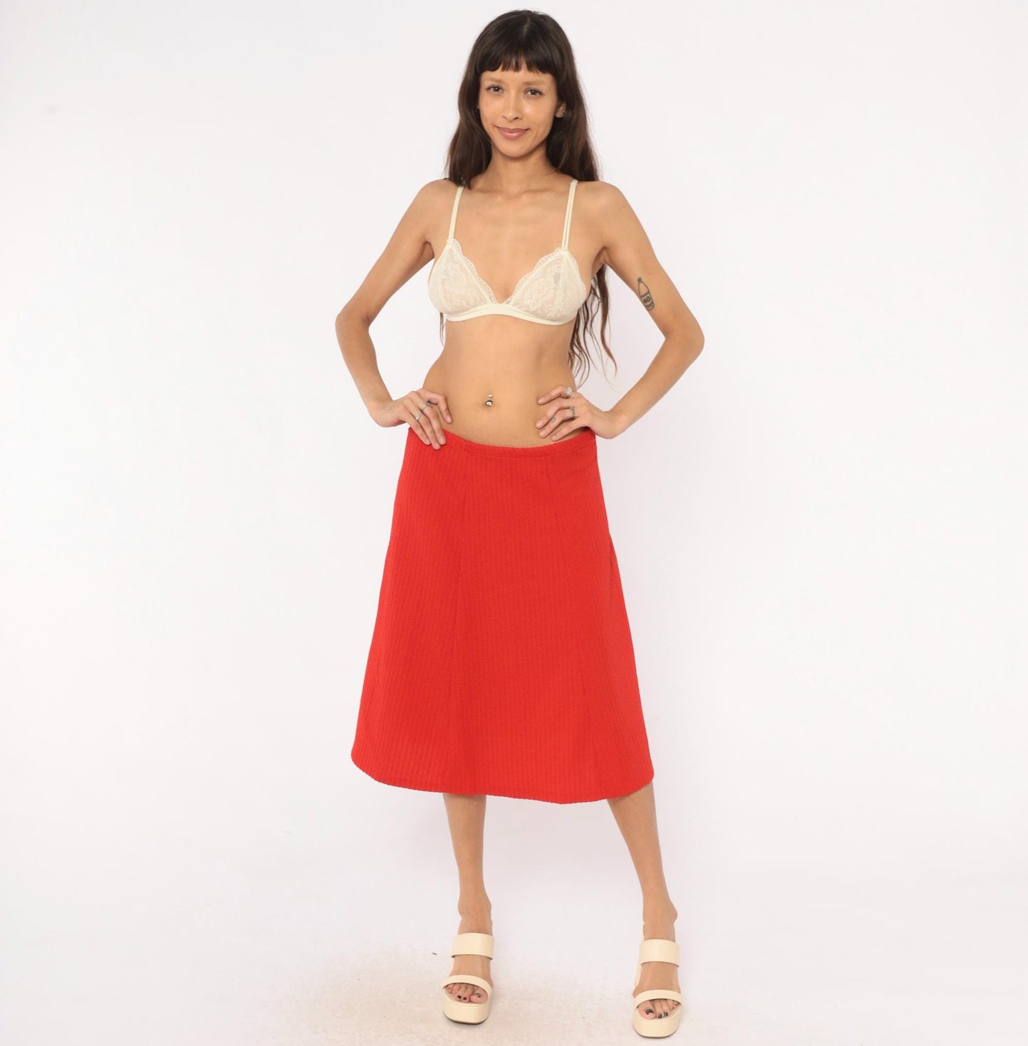 70s Ecco Bay Red A-Line Skirt Ribbed Pleated Knee-Length Large L