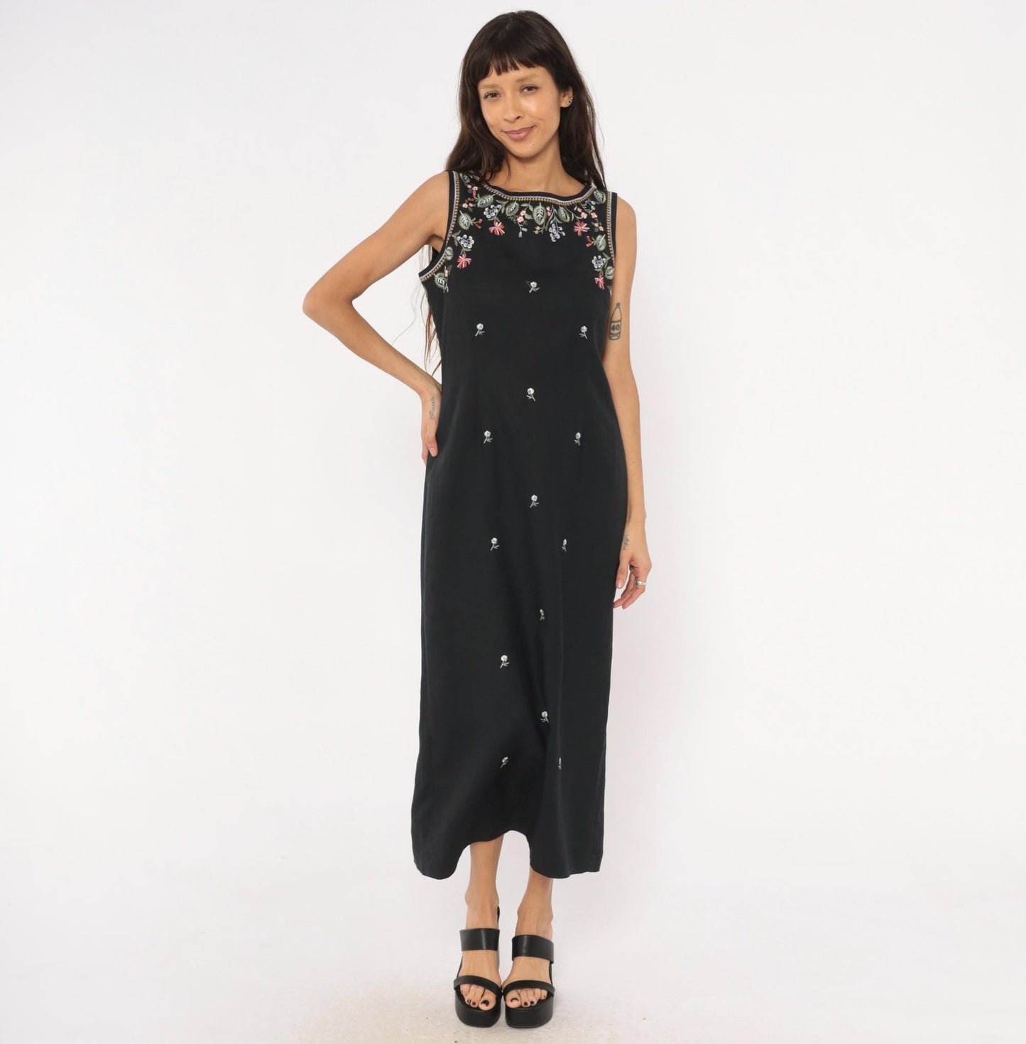90s Jennifer Eden Black Embroidered Floral Maxi Dress V-Back Slit Medium M