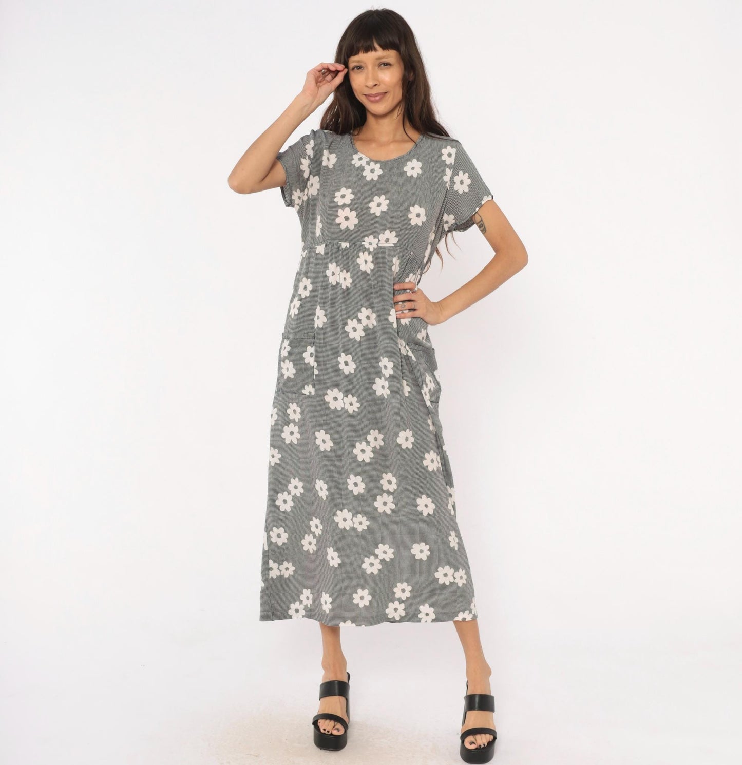 90s Navy Gingham Daisy Print Maxi Dress Drawstring Waist Medium M