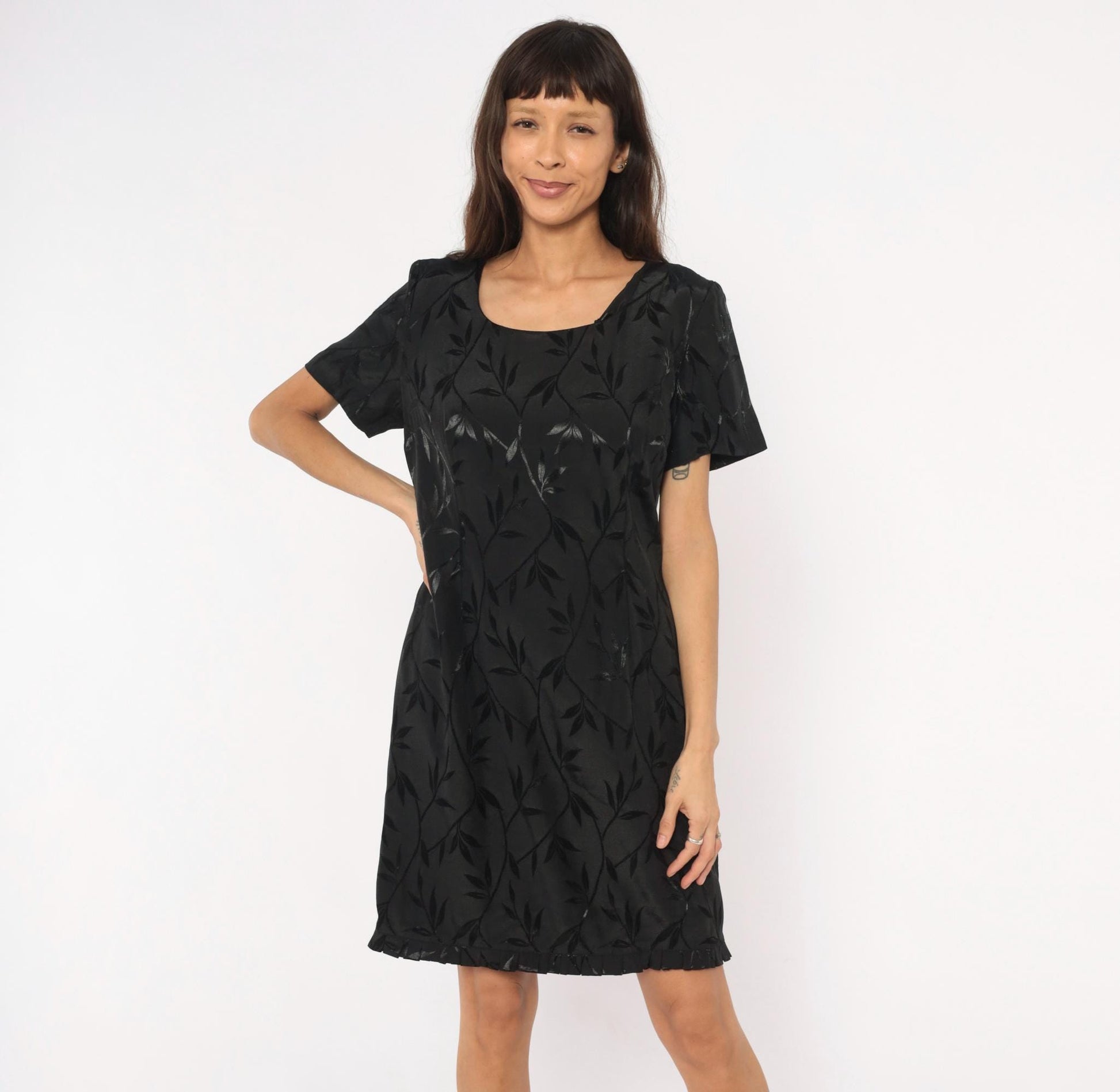 90s Giorgio Fiorlini Black Jacquard Leaf Shift Dress Scoop Neck Large L